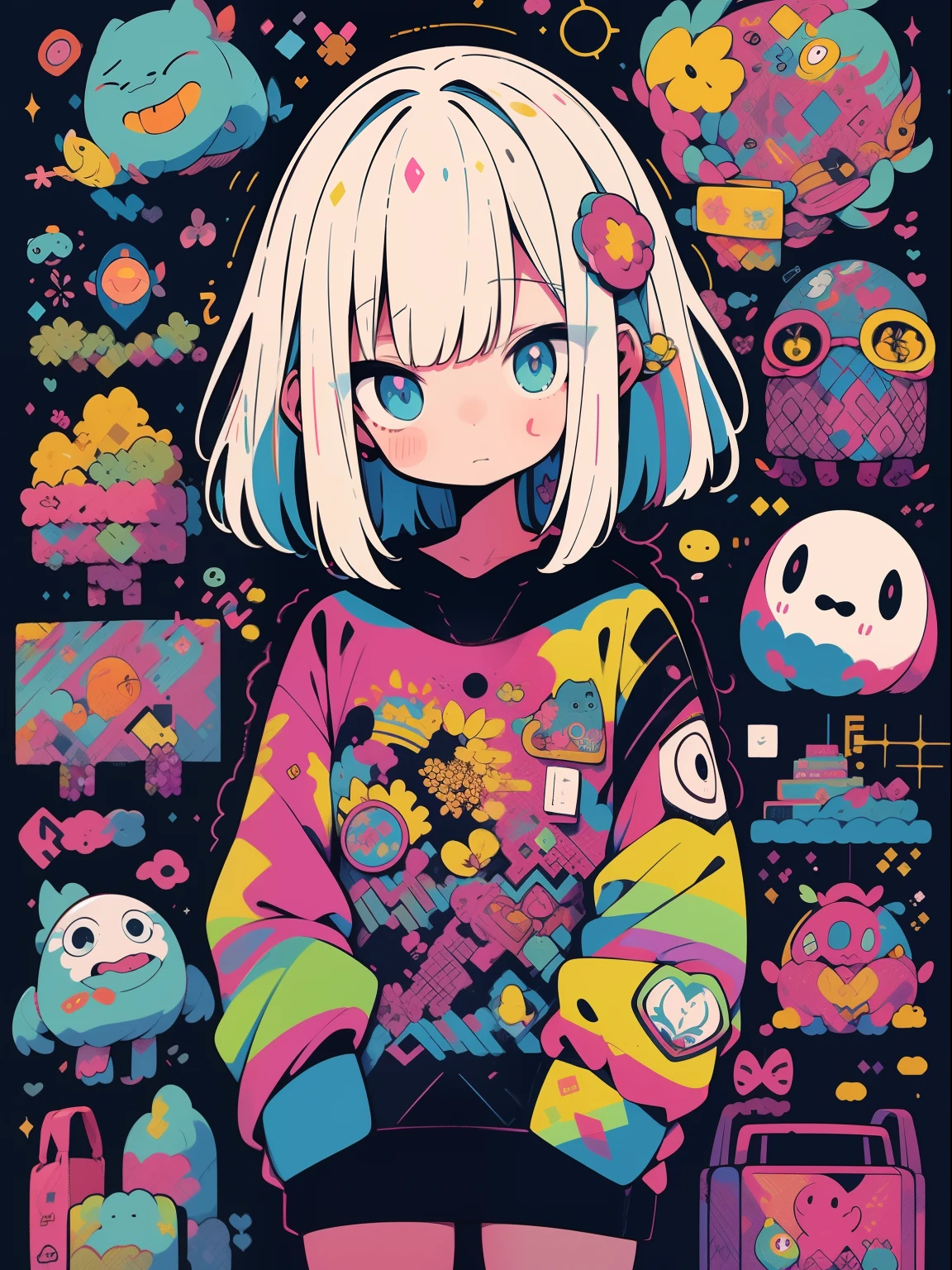 1 busty girl,film camera,female imp,Alone,heart-shaped hair ornament,Spiked collar,collars,inner strength,hair adornments,colorfulhair,peak,upper part of body,shoulder,with pink hair,looking at viewert,how to,No shoulder strap,a skirt,Black collar,coloured background,a pink eyes,Colorful,a purple eye,through bangs,Blue hair,Medium hair,Short hair details,