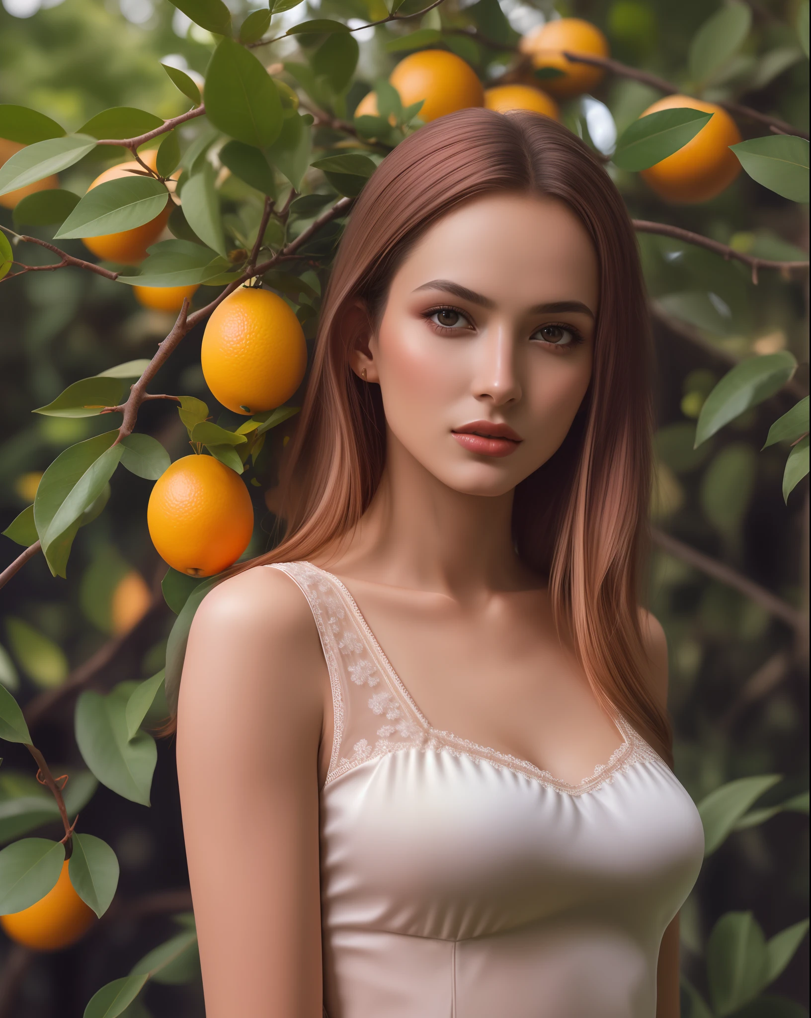 There is a woman standing in front of a tree with oranges, Anna Nikonova aka Newmilky, Retrato de um modelo bonito, Angelina Stroganova, Por Irakli Nadar, Uma bela jovem mulher, Yelena Belova, Maxim Sukharev, modelo feminino bonito, monia merlo, ****** modelo bonita, lindo modelo jovem, Ukrainian girl, fotografia realista, fotografia, obra-prima, realista, Realismo, renderizado, Alto contraste, Arte Digital, fotográficorealista, trend in Artstation 8k HD, high definiton, circunstanciado, Realistic, detalhada, textura da pele, hiperdetalhada, Textura realista da pele, melhor qualidade, ultra high-resolution, (fotografia realista: 1.4), alta resolução, detalhada, fotografia crua, Crisp resolution, Nikon d850 filme, fotografia de stock 4, Kodak Portra 400 Camera F1 Lens.6, textura hiper realista, lighting dramatic, Unrealistic trend in Artstation Cinestill 800, RAW.