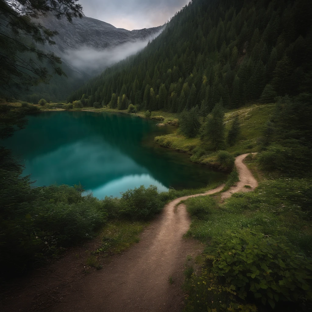 Alpine forest landscape photography，Rugged mountain roads，Clear and transparent lake，the trees，bushes，falling leaf，sun at dawn，Blurred vision，Cliffs and mountains，desolated，Aloneness，Cold，foggy sky，Not dazzling morning sun，Nightmare vision，Dark fantasy plot，Perfect and excellent composition，8K分辨率，the detail，limitations，Close-up ultra-wide angle shot，realisticlying，stunning skies,Colorful clouds float，true to life, Pubic area is clear, flawless perfection, Digital SLR, 1024, 2048, 4096, A detailed, Sharp, best qualtiy, high qulity, absurderes，unmanned background，The is very detailed、Detailed lighting shadows，Trends on ArtStation、iintricate、high detal、dramatics、（Volumetriclighting：1.2）hdr shot。（Close-up，Super deep view，ultra-wide-angle，Microfocal length lens：1.2）（realisticlying：1.4）tmasterpiece、high high quality、Beautiful photography，globalillumination