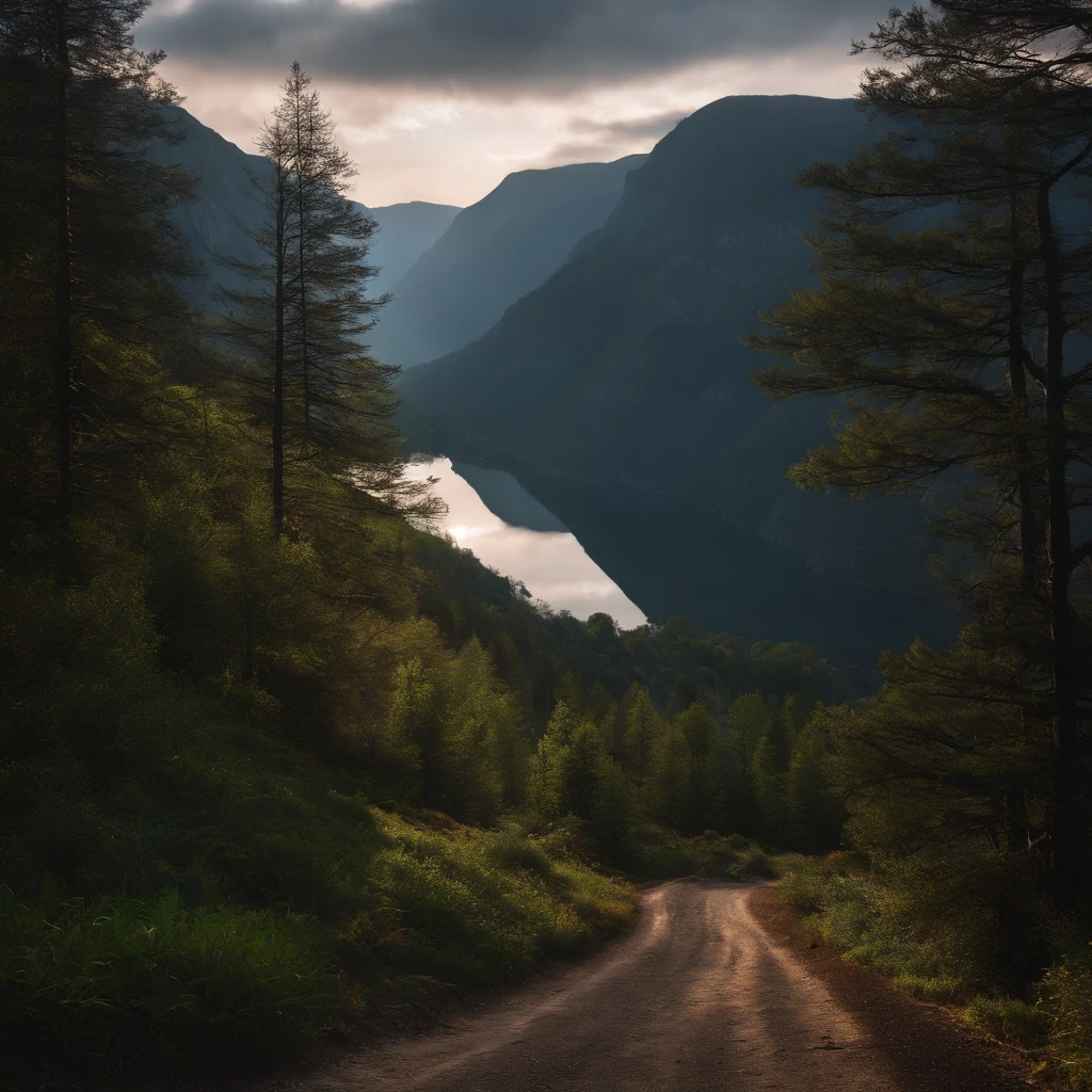 Alpine forest landscape photography,Rugged mountain roads,Clear and transparent lake,the trees,bushes,falling leaf,sun at dawn,Blurred vision,Cliffs and mountains,desolated,Aloneness,Cold,foggy sky,Not dazzling morning sun,Nightmare vision,Dark fantasy plot,Perfect and excellent composition,8K分辨率,the detail,limitations,Close-up ultra-wide angle shot,realisticlying,stunning skies,Colorful clouds float,true to life, Pubic area is clear, flawless perfection, Digital SLR, 1024, 2048, 4096, A detailed, Sharp, best qualtiy, high qulity, absurderes,unmanned background,The is very detailed、Detailed lighting shadows,Trends on ArtStation、iintricate、high detal、dramatics、(Volumetriclighting:1.2)hdr shot。(Close-up,Super deep view,ultra-wide-angle,Microfocal length lens:1.2)(realisticlying:1.4)tmasterpiece、high high quality、Beautiful photography,globalillumination