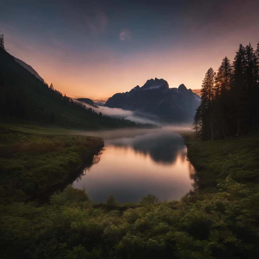 Alpine forest landscape photography,Rugged mountain roads,Clear and transparent lake,the trees,bushes,falling leaf,sun at dawn,Blurred vision,Cliffs and mountains,desolated,Aloneness,Cold,foggy sky,Not dazzling morning sun,Nightmare vision,Dark fantasy plot,Perfect and excellent composition,8K分辨率,the detail,limitations,Close-up ultra-wide angle shot,realisticlying,stunning skies,Colorful clouds float,true to life, Pubic area is clear, flawless perfection, Digital SLR, 1024, 2048, 4096, A detailed, Sharp, best qualtiy, high qulity, absurderes,unmanned background,The is very detailed、Detailed lighting shadows,Trends on ArtStation、iintricate、high detal、dramatics、(Volumetriclighting:1.2)hdr shot。(Close-up,Super deep view,ultra-wide-angle,Microfocal length lens:1.2)(realisticlying:1.4)tmasterpiece、high high quality、Beautiful photography,globalillumination
