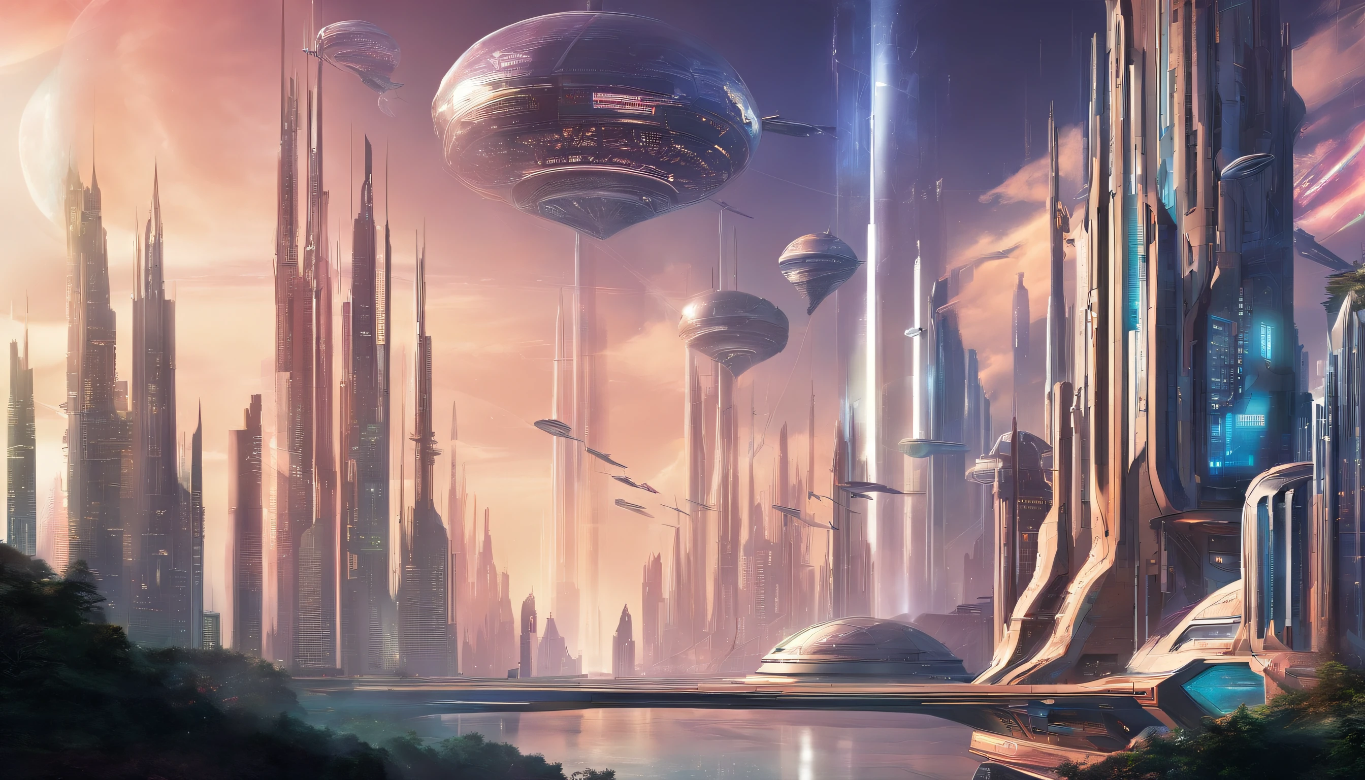 The metropolis of the future, many kilometers of spires rushing upwards;.