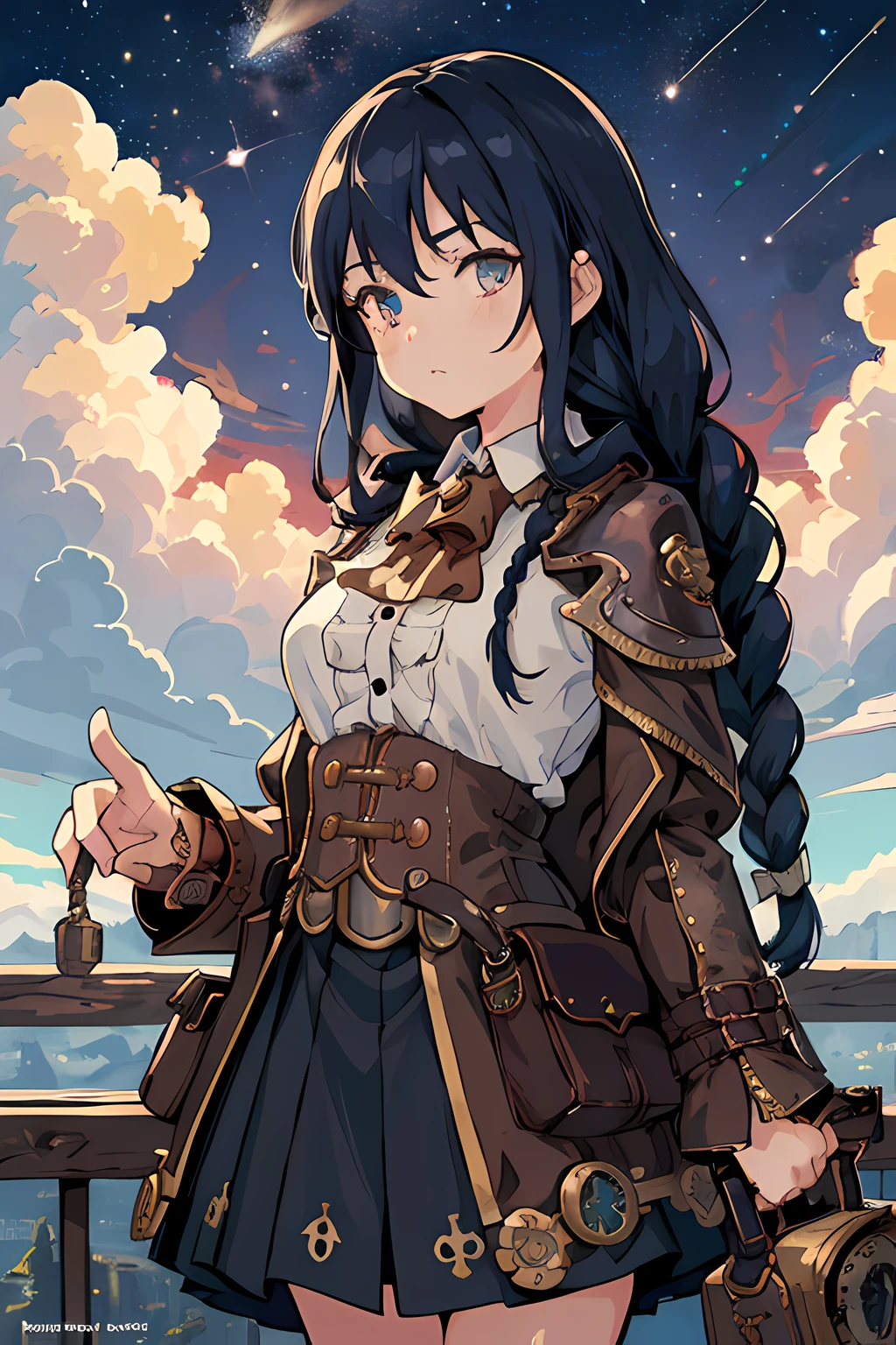masterpiece, best quality, official art, illustration, (ligne claire:1.3), perfect composition, absurdres, fantasy, focused, (in the air), (above the cloud:1.3), (finely detailed steampunk city:1.3), epic, (focus_girl:1.2), rule of thirds, cute anime girl, fine-tuning face, (finely detailed eyes:1.2),_jacket, shirt, black beltskirt, blue hair, braids, very long hair, loose hair, semi-rimless, overhead viewer, wind blow at viewer, side face, fantastic plant, tools, lightred Meteor, half the sky is Milky Way, motion, (depth_of_field)