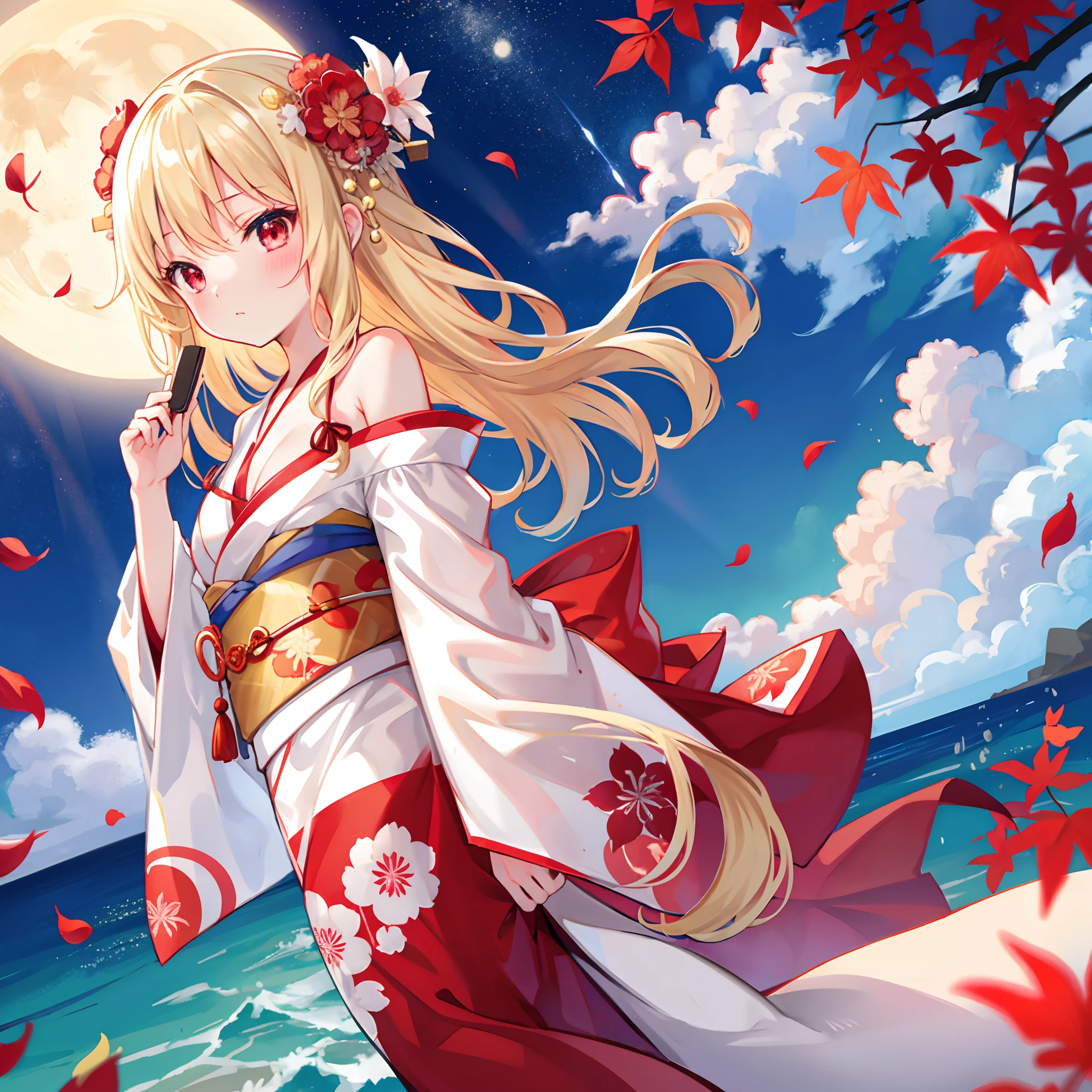 Wavy blonde、red eyes、Beautiful girl alone、Kimono、off shoulders、a moon、Colored leaves、natta、red blush