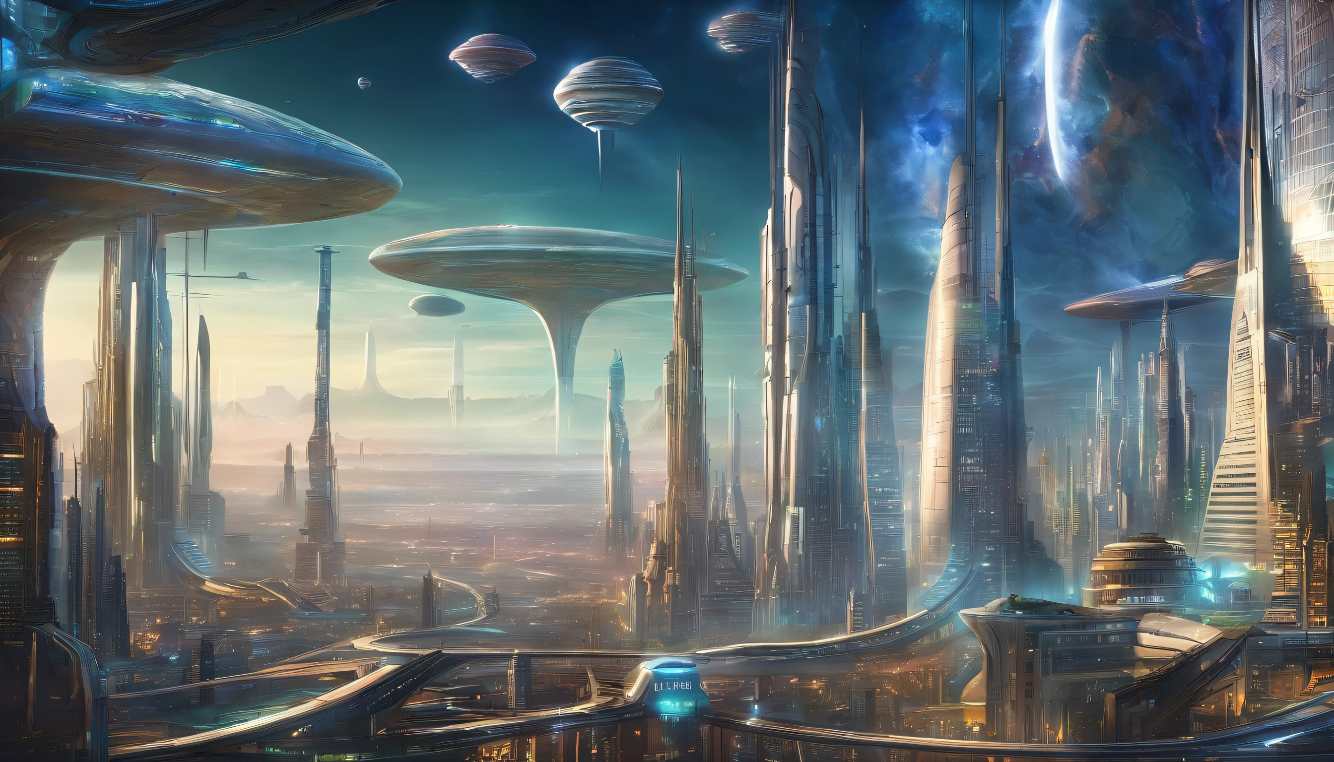The metropolis of the future, many kilometers of spires rushing upwards;.