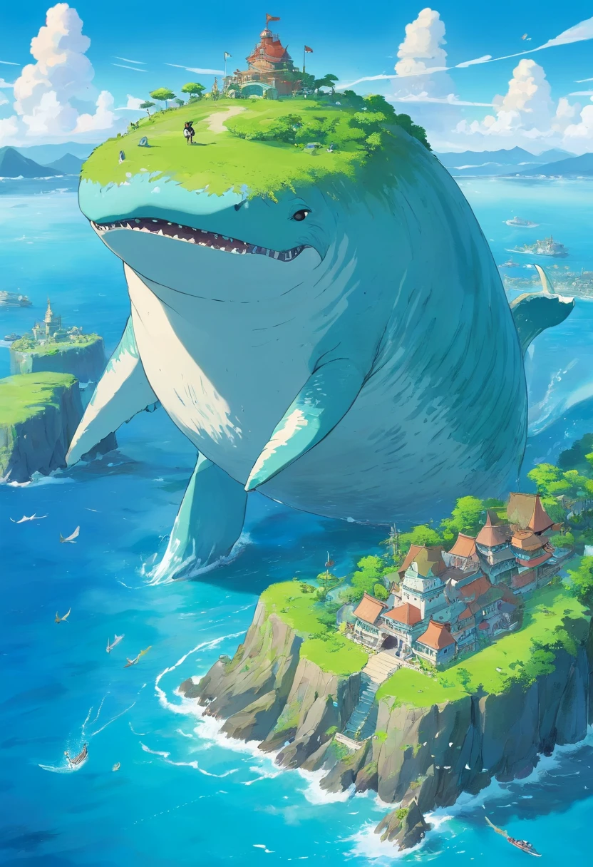 An island formed by giant whale bones,Sea Islands,Island group,Water element in water,Huge animal bones,A majestic,spectacular,A wyvern swoops down,Ultra-long viewing angle,in a panoramic view,HighestQuali,Island background,Core Behemoth Island,Overlooking the perspective