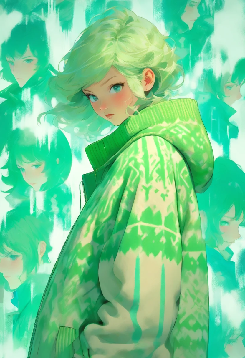 Woman wearing green fleece snowcoat and fair isle patterned sweater in Petrina Hicks style, light beige and aquamarine, inio asano, colab, volume, fair isle pattern, modern nordic, urban sporty, normcore, maximilian pirner , textured surfaces, ultra-high definition, high resolution