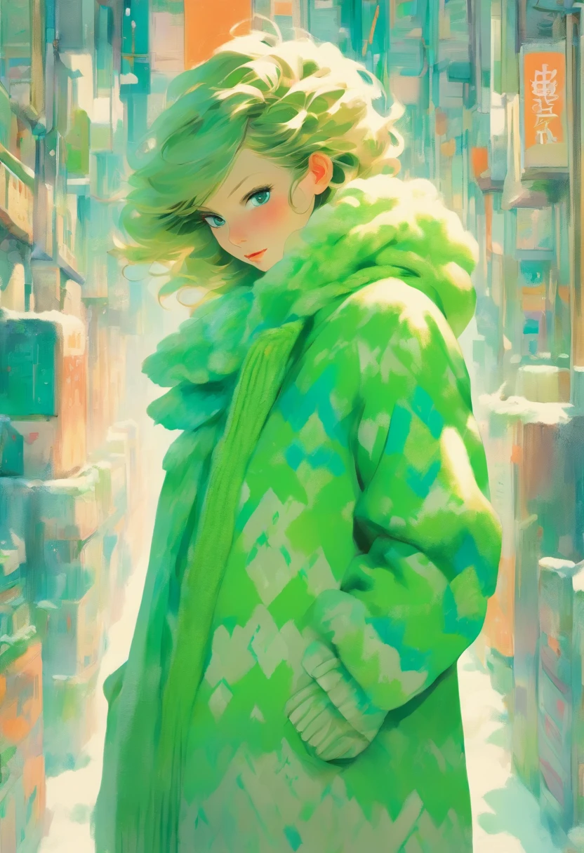 Woman wearing green fleece snowcoat and fair isle patterned sweater in Petrina Hicks style, light beige and aquamarine, inio asano, colab, volume, fair isle pattern, modern nordic, urban sporty, normcore, maximilian pirner , textured surfaces, ultra-high definition, high resolution