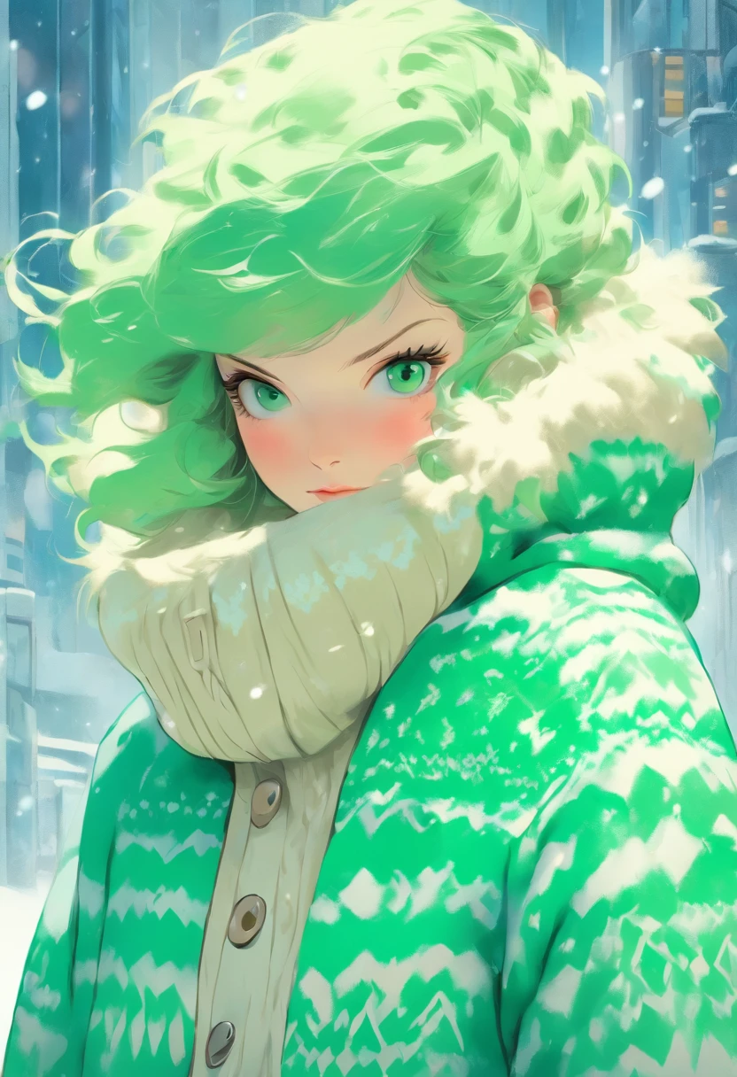 Woman wearing green fleece snowcoat and fair isle patterned sweater in Petrina Hicks style, light beige and aquamarine, inio asano, colab, volume, fair isle pattern, modern nordic, urban sporty, normcore, maximilian pirner , textured surfaces, ultra-high definition, high resolution