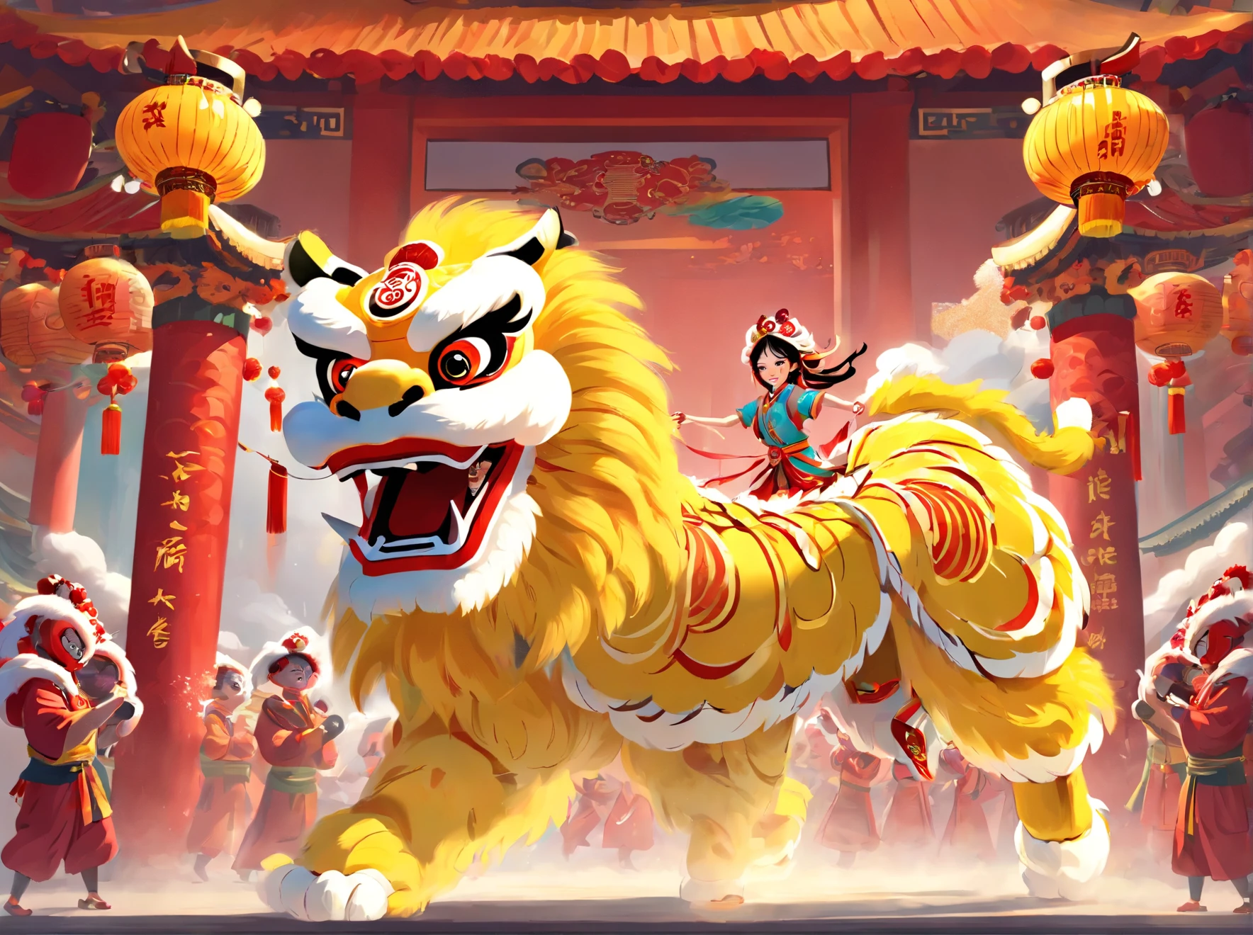 (Chinese lion dance:1.4),It is held on the stage of the temple fair,The two girls wore gorgeous lion dance costumes,It is decorated with gold and red sequins and embroidery,Holding an elaborate lion head,A traditional lion dance is displayed with great skill and coordination,Swing the lion's body like a wave,At the same time, it can also perfectly display the strength and majesty of the lion,Traditional Chinese art, China-style,Clean colors, decisive cutting, White space, freehand brushwork, Soft lighting,dreamy glow, ( Bokeh),Masterpiece, Super detailed, Epic composition, Highest quality, 4K