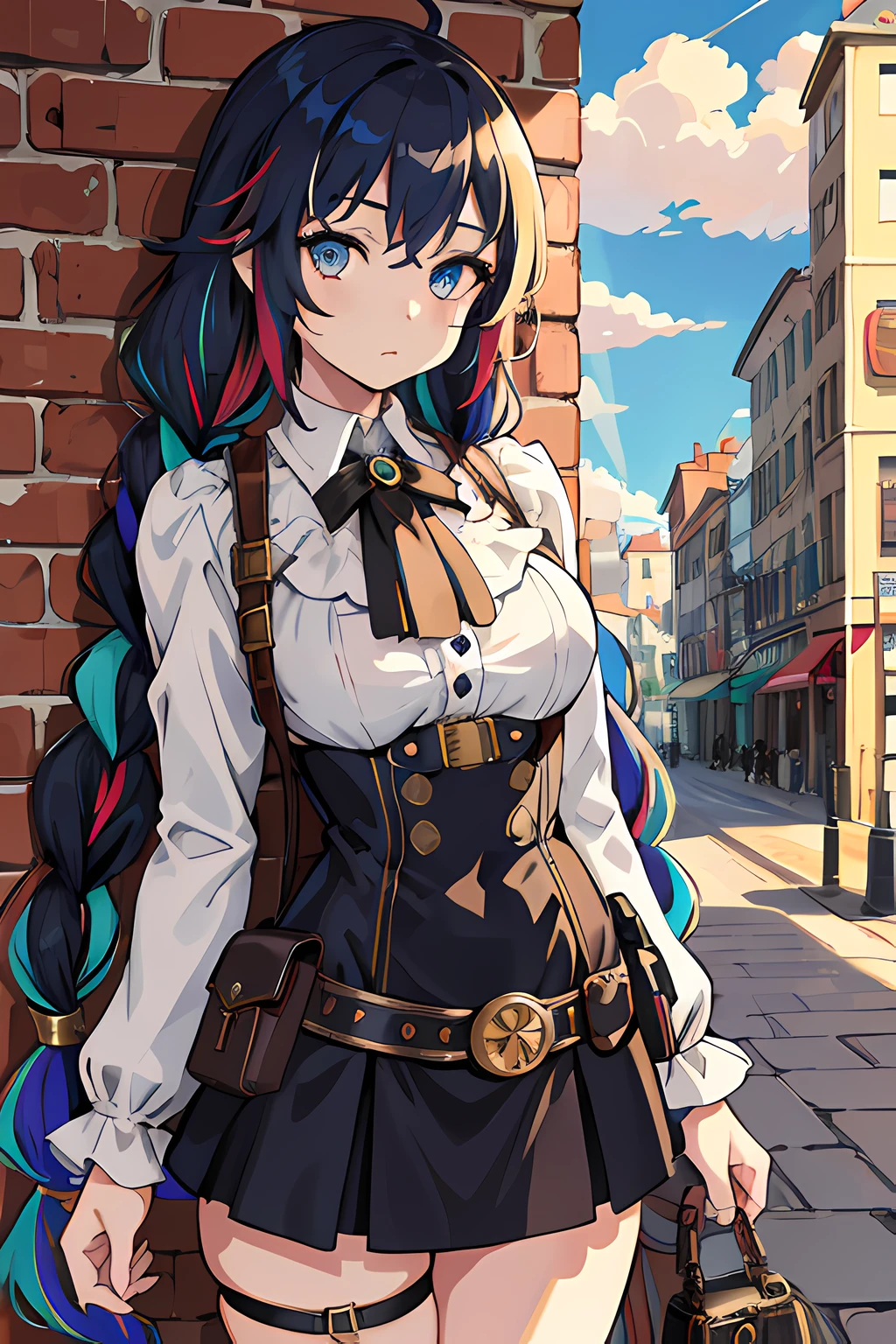 masterpiece, best quality, official art, illustration, (ligne claire:1.3), highres, absurdres, ultra-detailed, 8k, 1girl, blue hair, violett hair, long hair, braids, multicolored hair, gradient hair, looking at viewer, colorful eyes, colorful steampunk outfit, (steampunk city background:1.15), brilliant colorful clouds, bloom, portrait, cross hair ornament, closed mouth, waist bag, against wall, shadow, reflection