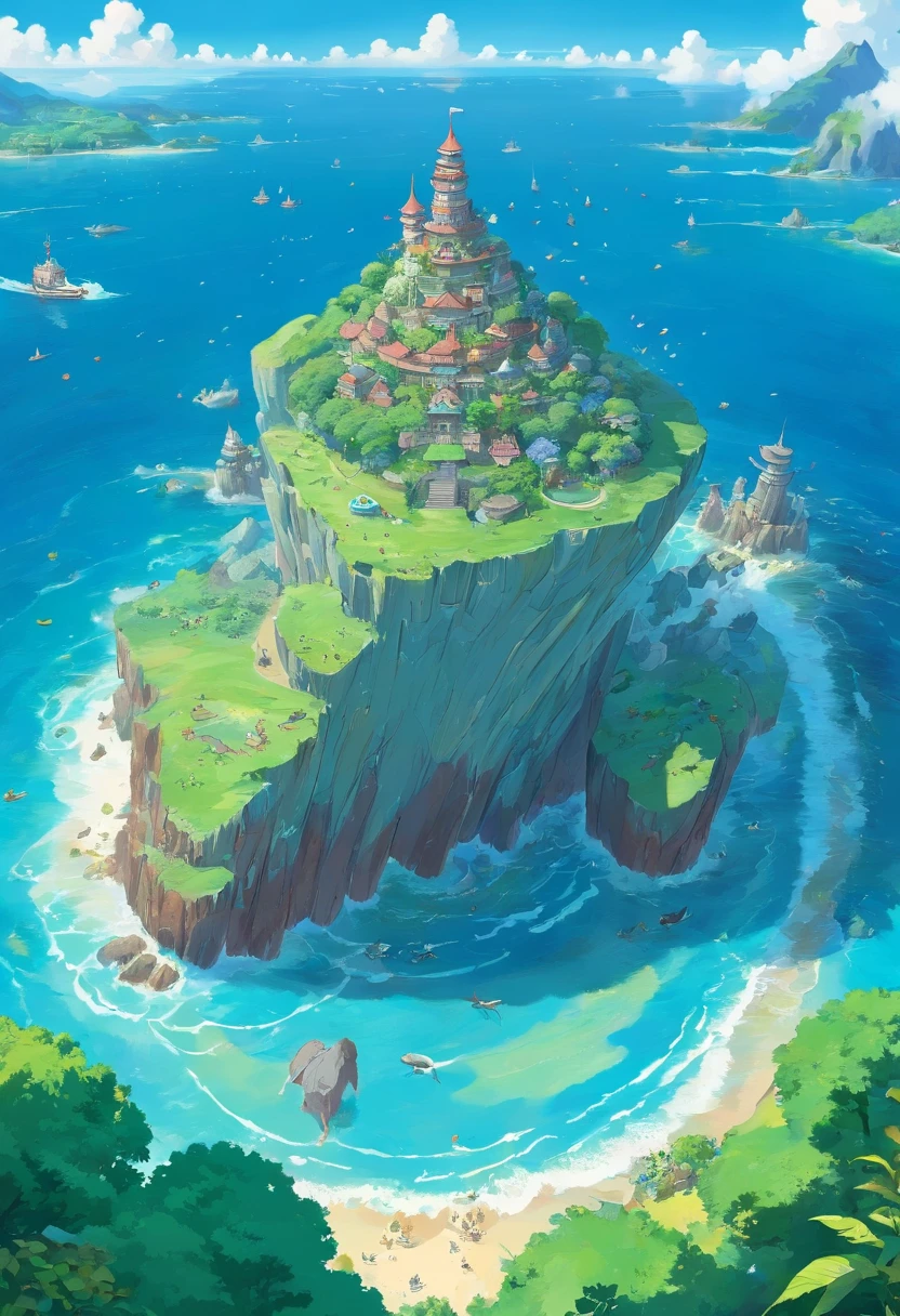 An island formed by giant whale bones,Sea Islands,Island group,Water element in water,Huge animal bones,A majestic,spectacular,A wyvern swoops down,Ultra-long viewing angle,in a panoramic view,HighestQuali,Island background,Core Behemoth Island,Overlooking the perspective
