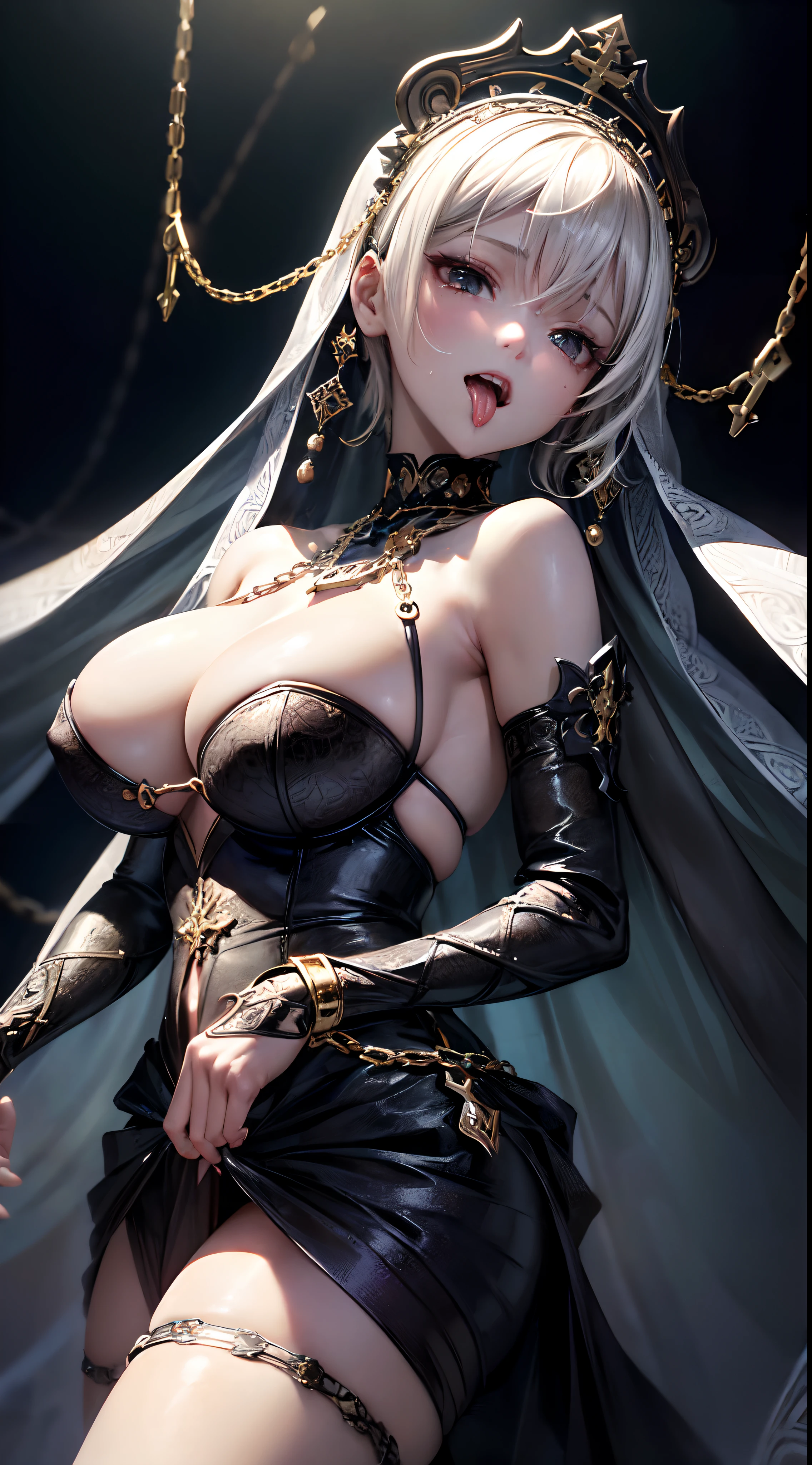 (Best Quality, masutepiece:1.3), ((beautifull detailed face)), beautifuly detailed skin, intriciate detail, The ultra-detailliert, Cinematic lighting, Stained glass background, There are a lot of shiny black chains, (1girl in:large full breasts, The Costumes of the Saints, White see-through veil, Smile, Chain Bondage, Open mouth, 牙,Stick out the tongue,(Drooling,Glowing tongue:1.2), , (Huge breasts), , (depth of fields,Sharp Focus,from below:1.2)