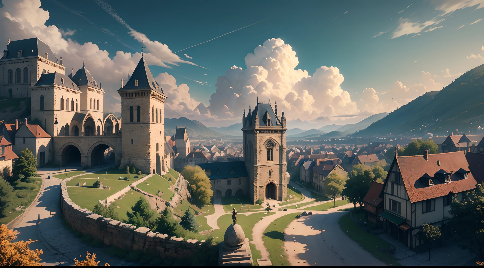 Close-up of the streets of a bustling town on a hillside in the European Middle Ages,(Western antiquity:1.5),Western medieval ancient crowd,Magical,pub,BNB,borgar,Paved roads,Sunset dusk,(Cloud Tyndall effect:1.2),middle earth,4k,((High-precision details)),Power Hero & Magic 3,电影灯光,Medieval landscape,Wonderland's,best qualtiy,raw,A wonderland of fantasy,Baroque style,Light and shadow strokes,magicle world,light and shadow effect,Stone architectural style,mythological stories,Epic graphics