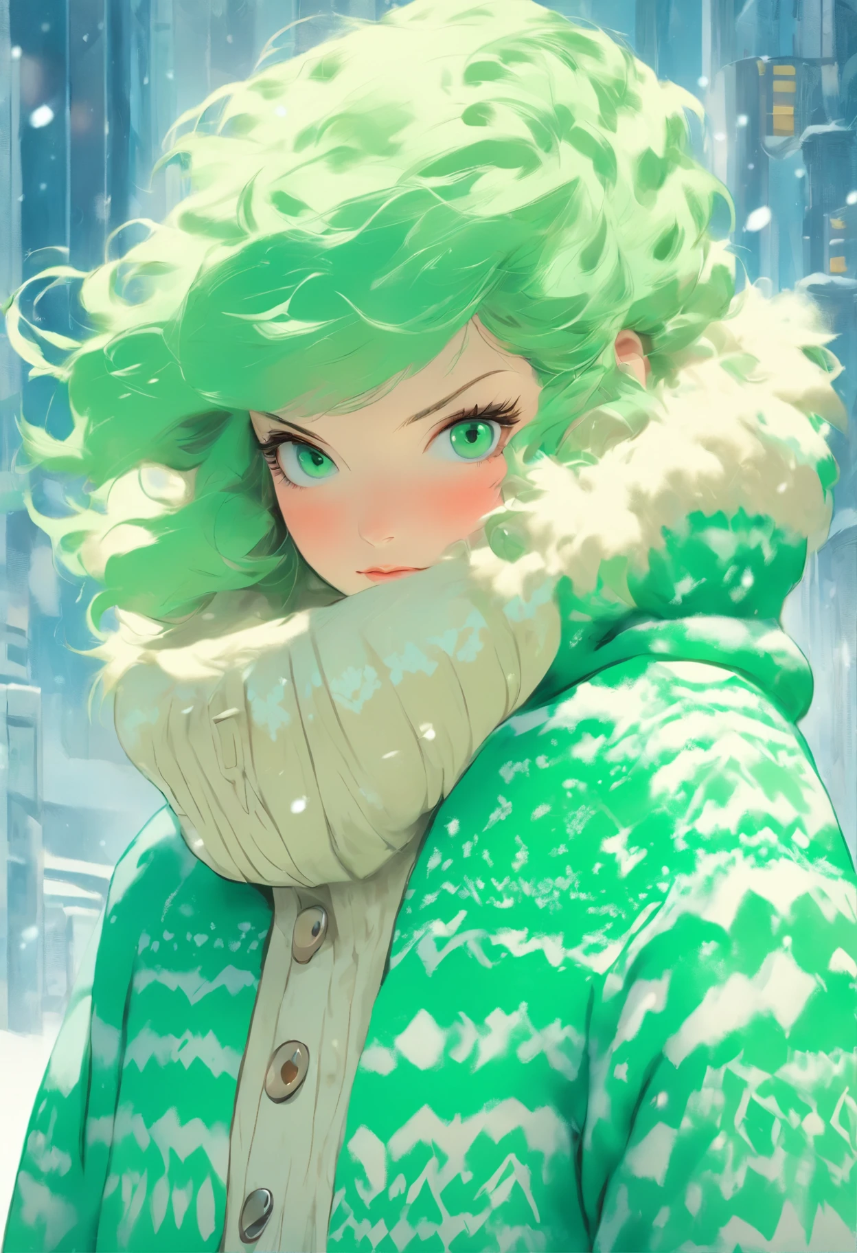Woman wearing green fleece snowcoat and fair isle patterned sweater in Petrina Hicks style, light beige and aquamarine, inio asano, colab, volume, fair isle pattern, modern nordic, urban sporty, normcore, maximilian pirner , textured surfaces, ultra-high definition, high resolution