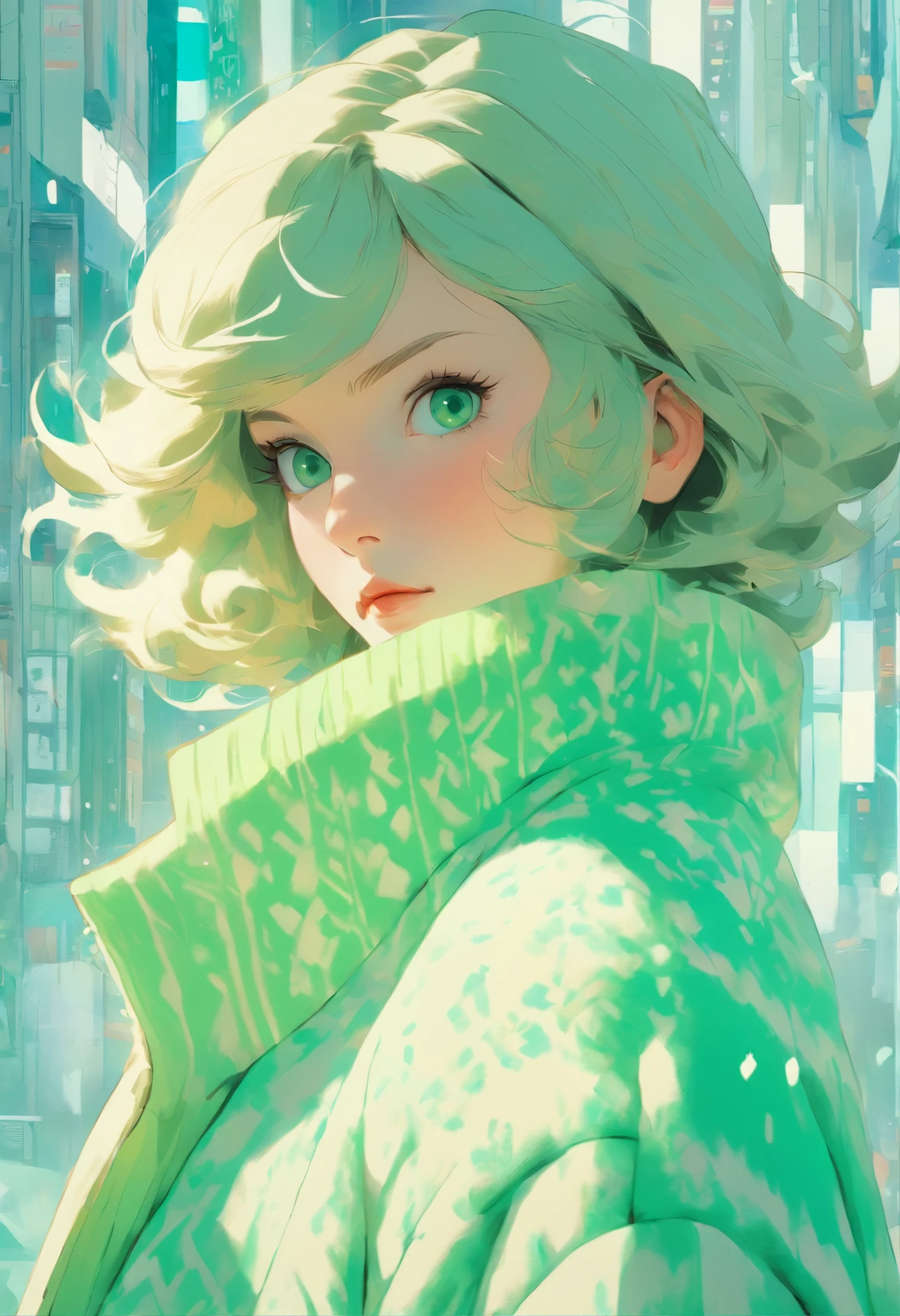 Woman wearing green fleece snowcoat and fair isle patterned sweater in Petrina Hicks style, light beige and aquamarine, inio asano, colab, volume, fair isle pattern, modern nordic, urban sporty, normcore, maximilian pirner , textured surfaces, ultra-high definition, high resolution