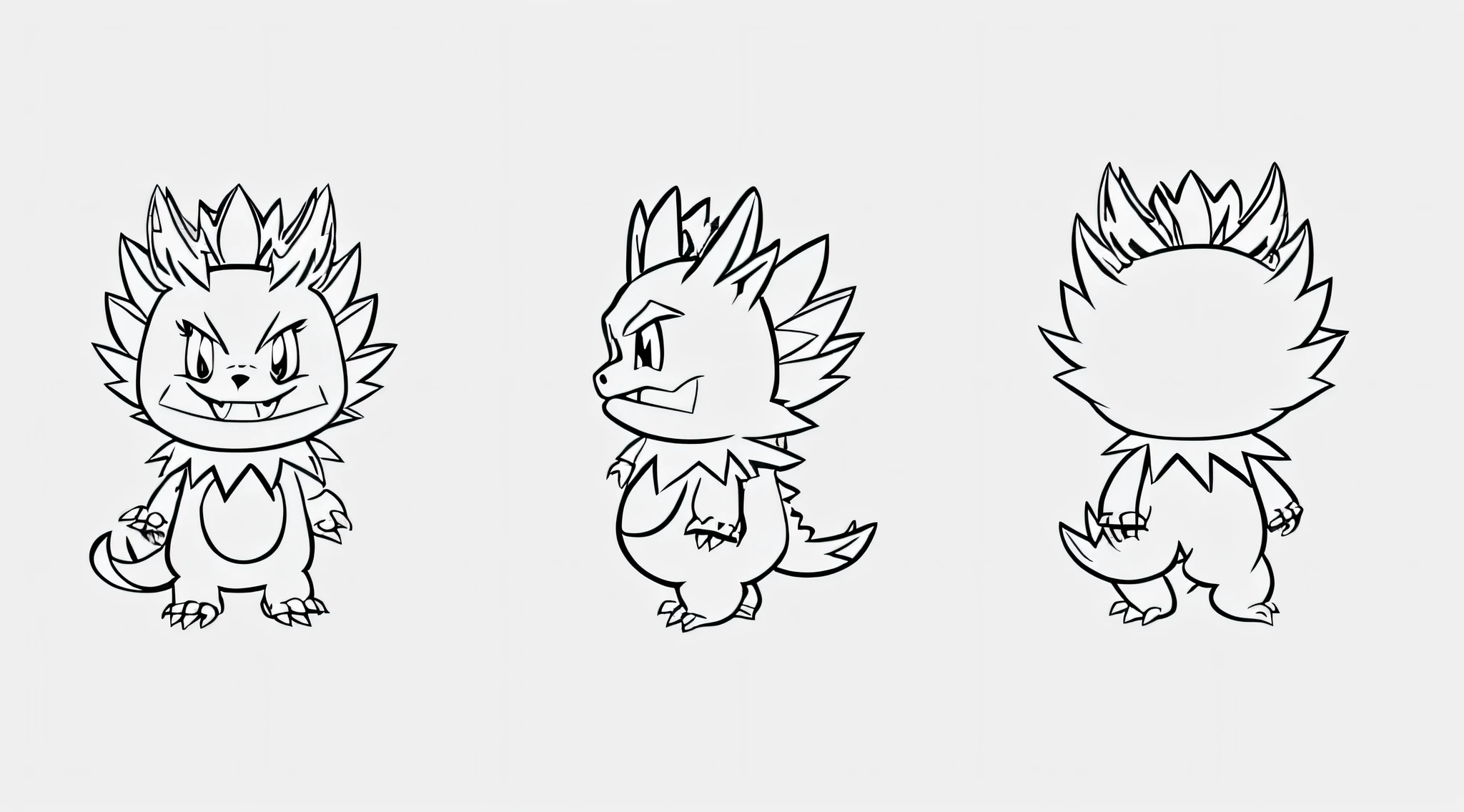 Three cartoon characters from Charizard and Charizard, thick black lineart, full body dragon concept, thick lineart, Simple lines of art, character turnaround, front back view and side view, character model sheet turnaround, style of cute pokemon, finished concept art, monster character design, variable lineart, stylized linework, fullbody shot turnaround