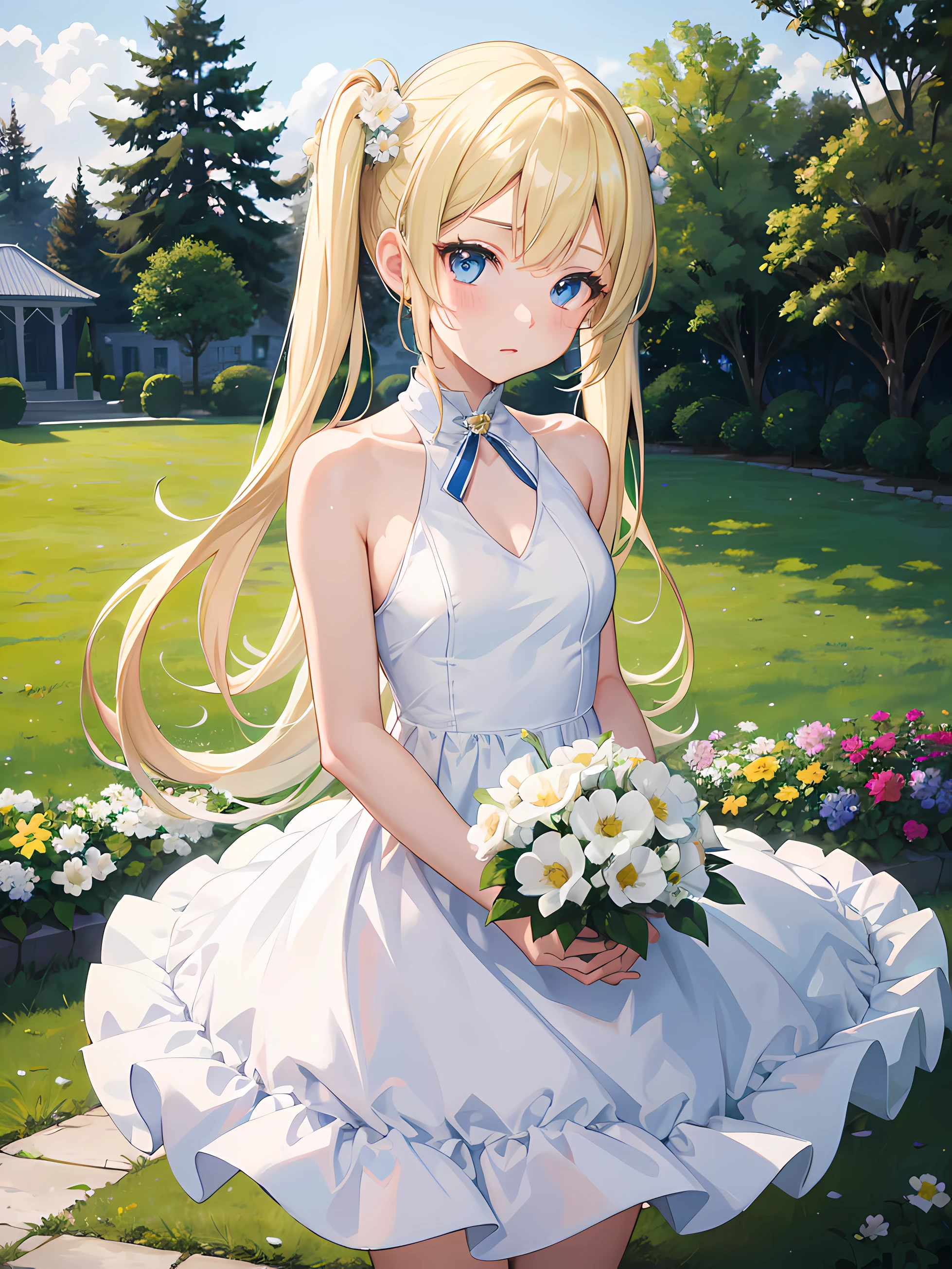 1girl, twintail blonde hair, blue eyes, wearing plain white one piece dress, flower garden, absurdres,high res, ultrasharp 8k, masterpiece, looking at viewer