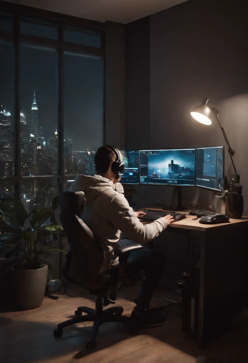 In a dark room, A person is sitting in a gaming chair, Operating a computer. The background consists of skyscrapers and apartments, Provide a view from the window of a residential apartment at night. The entire scene is painted in ultra-high resolution and highest quality. The person is wearing a long-sleeved hoodie, Complete immersion in computer work. The image is captured from the side, Drawing a small and cramped room. The materials used in the work are:::、It is a digital illustration in a realistic style, Rich details and vibrant colors. Lighting is carefully designed to create a dramatic atmosphere, Highlight the glow of computer screen on a person's face. Consider including additional details such as cables, peripherals, Wall Posters、Increases the overall realism of the image.