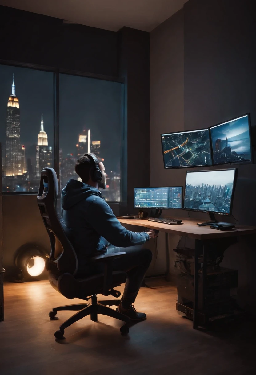 In a dark room, A person is sitting in a gaming chair, Operating a computer. The background consists of skyscrapers and apartments, Provide a view from the window of a residential apartment at night. The entire scene is painted in ultra-high resolution and highest quality. The person is wearing a long-sleeved hoodie, Complete immersion in computer work. The image is captured from the side, Drawing a small and cramped room. The materials used in the work are:::、It is a digital illustration in a realistic style, Rich details and vibrant colors. Lighting is carefully designed to create a dramatic atmosphere, Highlight the glow of computer screen on a person's face. Consider including additional details such as cables, peripherals, Wall Posters、Increases the overall realism of the image.
