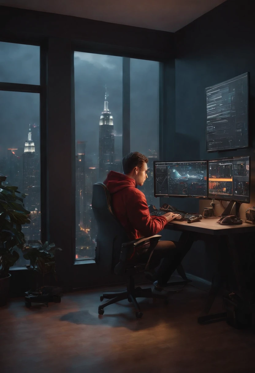 In a dark room, A person is sitting in a gaming chair, Operating a computer. The background consists of skyscrapers and apartments, Provide a view from the window of a residential apartment at night. The entire scene is painted in ultra-high resolution and highest quality. The person is wearing a long-sleeved hoodie, Complete immersion in computer work. The image is captured from the side, Drawing a small and cramped room. The materials used in the work are:::、It is a digital illustration in a realistic style, Rich details and vibrant colors. Lighting is carefully designed to create a dramatic atmosphere, Highlight the glow of computer screen on a person's face. Consider including additional details such as cables, peripherals, Wall Posters、Increases the overall realism of the image.