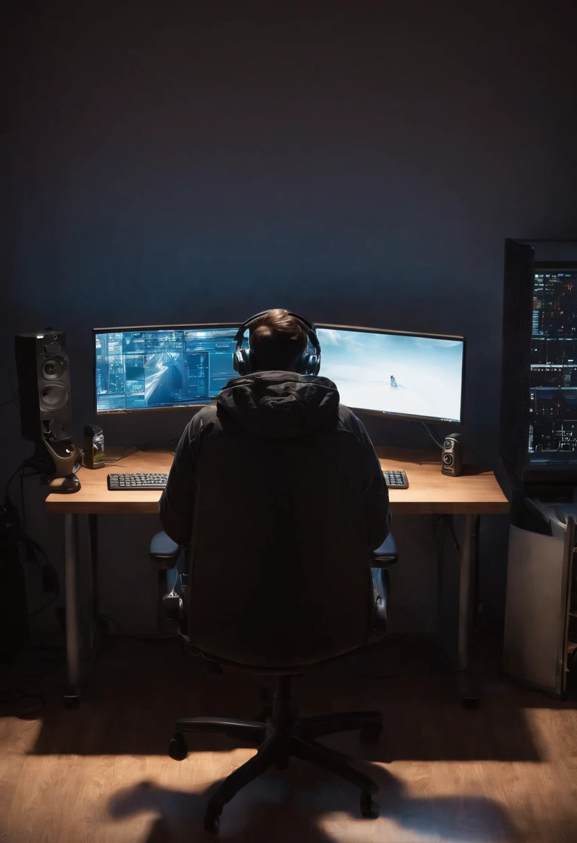 In a dark room, A person is sitting in a gaming chair, Operating a computer. The background consists of skyscrapers and apartments, Provide a view from the window of a residential apartment at night. The entire scene is painted in ultra-high resolution and highest quality. The person is wearing a long-sleeved hoodie, Complete immersion in computer work. The image is captured from the side, Drawing a small and cramped room. The materials used in the work are:::、It is a digital illustration in a realistic style, Rich details and vibrant colors. Lighting is carefully designed to create a dramatic atmosphere, Highlight the glow of computer screen on a person's face. Consider including additional details such as cables, peripherals, Wall Posters、Increases the overall realism of the image.
