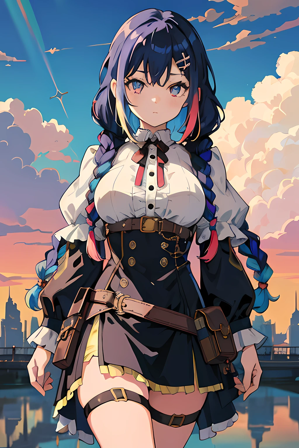 masterpiece, best quality, official art, illustration, (ligne claire:1.3), highres, absurdres, ultra-detailed, 8k, 1girl, blue hair, violett hair, long hair, braids, multicolored hair, gradient hair, looking at viewer, colorful eyes, colorful steampunk outfit, (steampunk city background:1.10), brilliant colorful clouds, bloom, portrait, cross hair ornament, closed mouth, waist bag, shadow, reflection