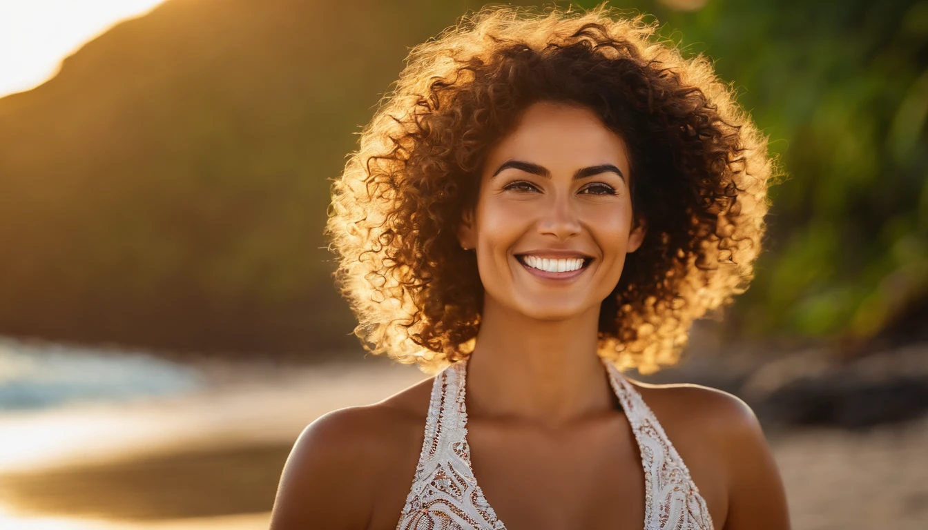 REALISTIC POTRAIT OF A WOMEN , TAHITI ISALAND WOMEN , CURLY HAIRS , SHINY SKINS , BEAUTIFUL EYES , MATCHING TOP AND BOTTAM BEACH WEAR LIKE TAILOR AND CIRCUS INNERS , GOLDENHOUR LIGHTING , WHITE TEETH SMILING