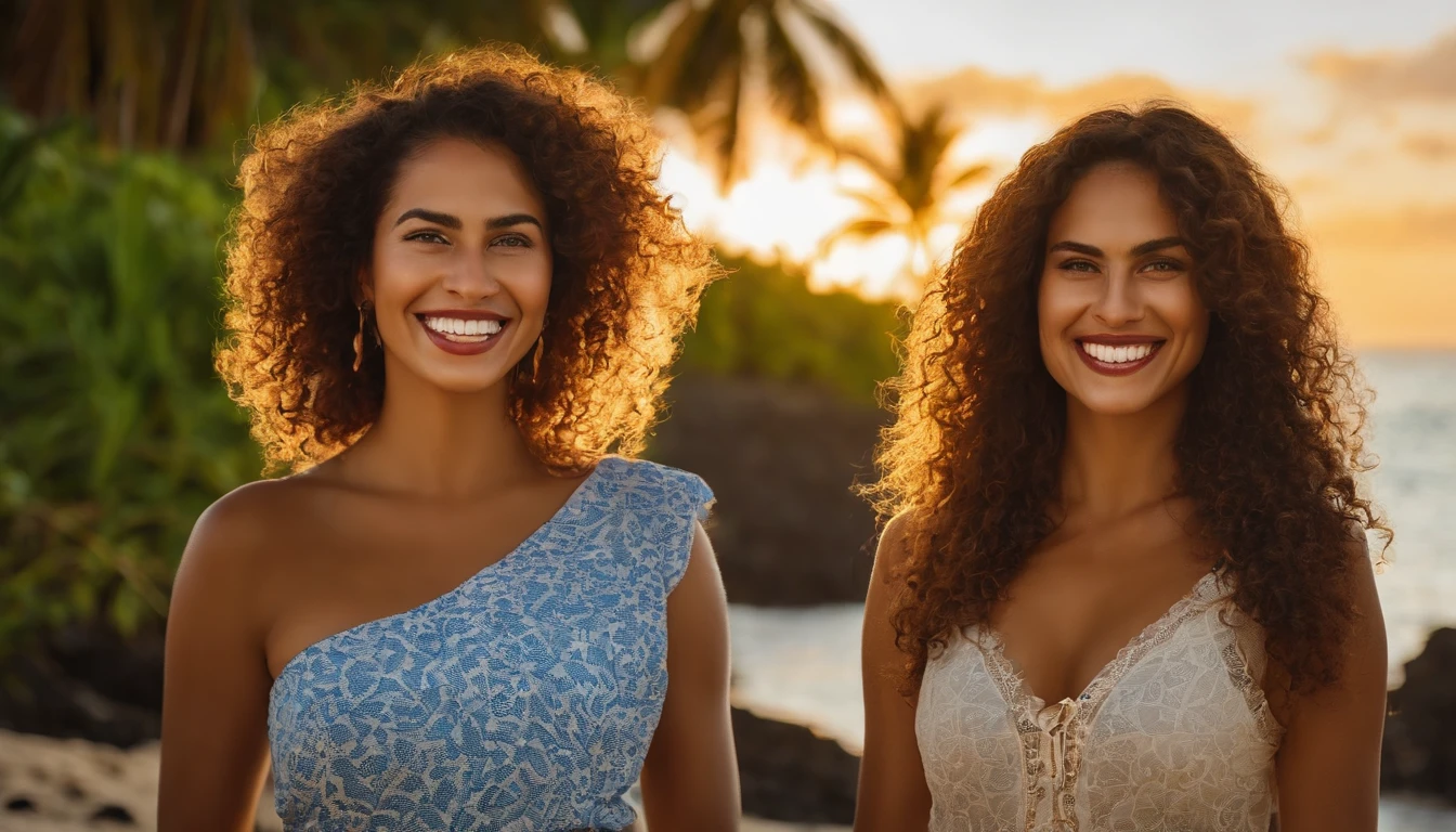 REALISTIC POTRAIT OF A WOMEN , TAHITI ISALAND WOMEN , CURLY HAIRS , SHINY SKINS , BEAUTIFUL EYES , MATCHING TOP AND BOTTAM BEACH WEAR LIKE TAILOR AND CIRCUS INNERS , GOLDENHOUR LIGHTING , WHITE TEETH SMILING