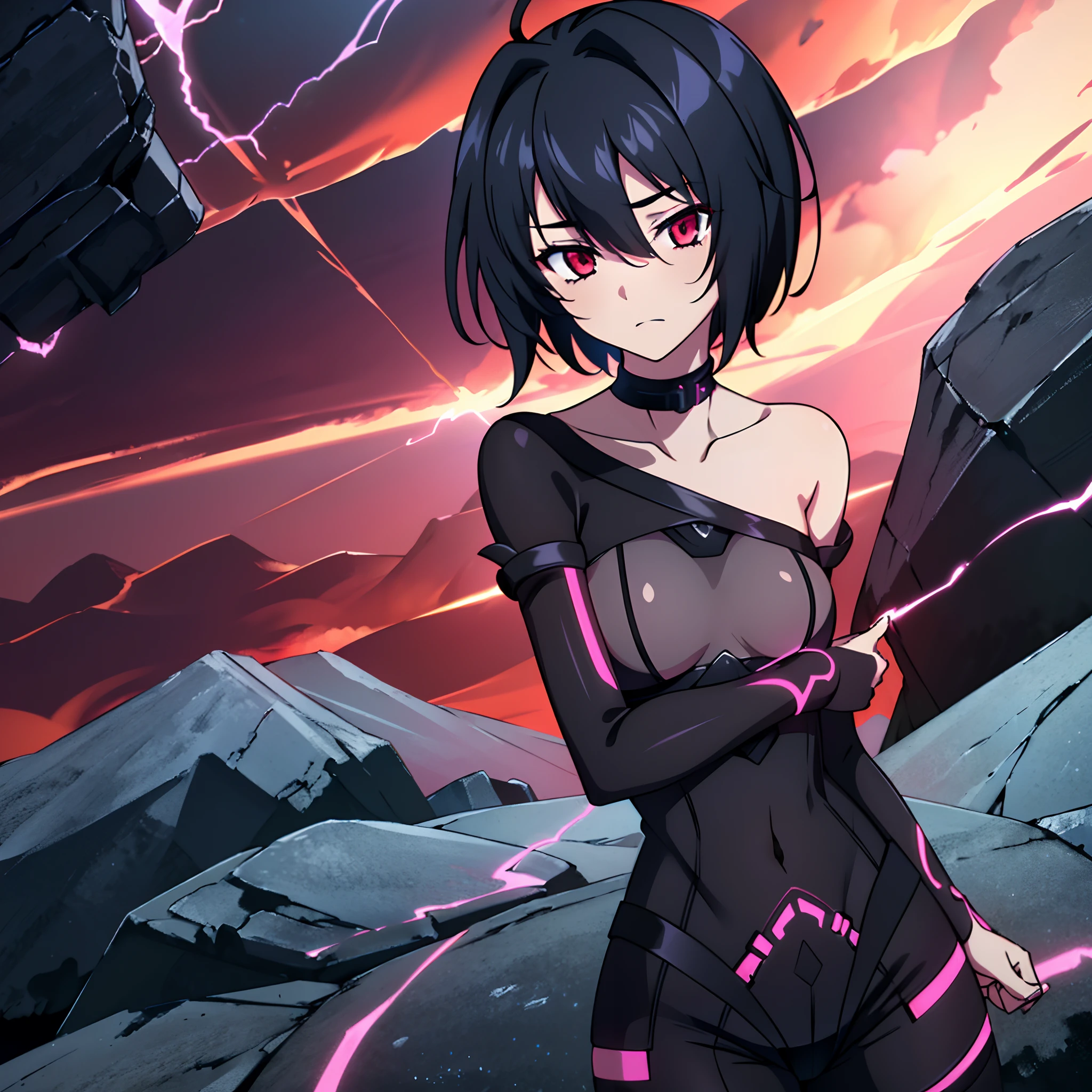 Masterpiece, best quality, aberrant colours, 1 girl, solo, (dim_lighting:1.3), far away view, (zoomed_out:1.3), shoulder look, long open outfit over blue blouse, loose short hair, black hair, glowing red eyes, dark colours, standing atop a high cliff, corrupted