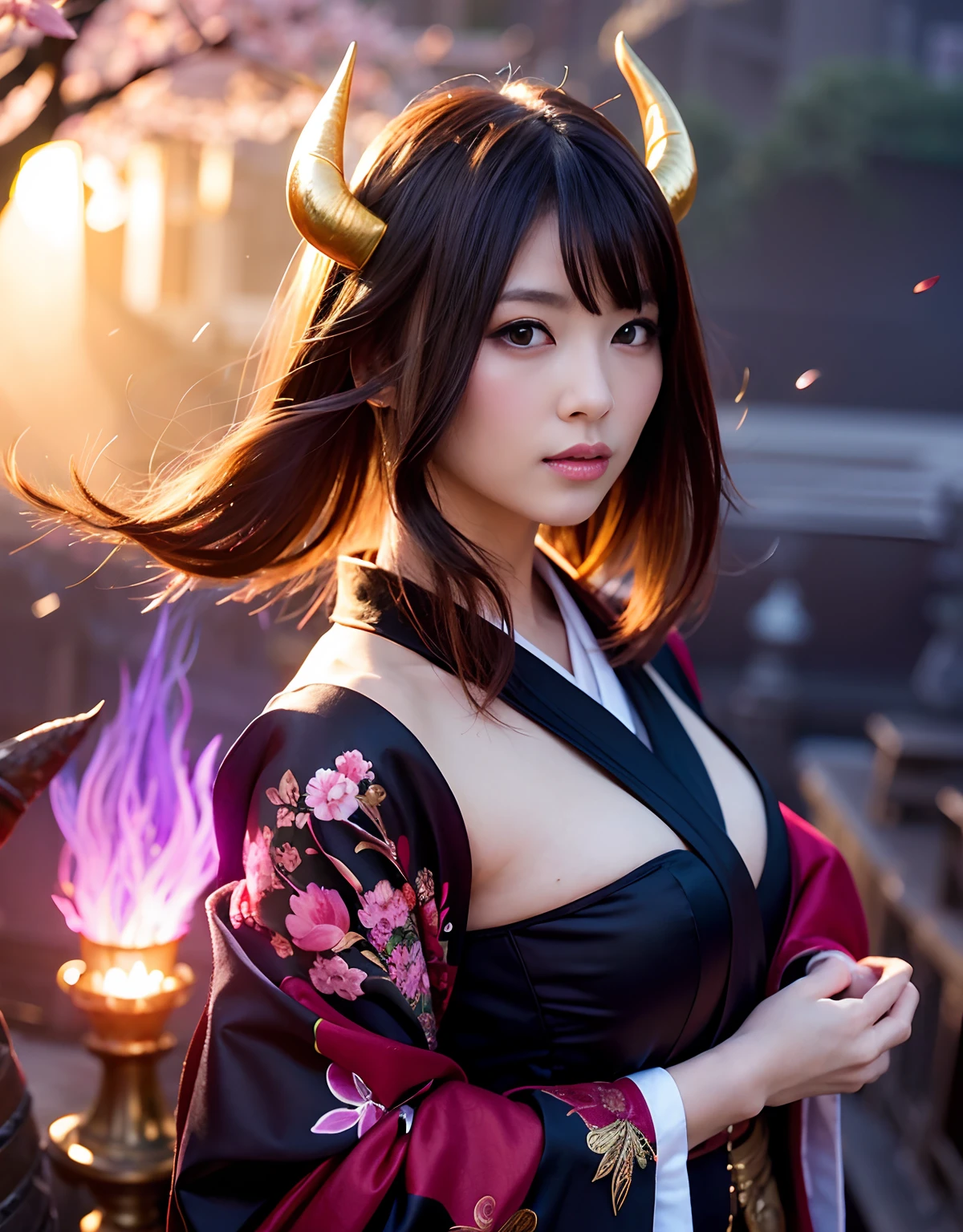 ((World of Darkness)),Professional , masterpiece、top-quality、photos realistic , depth of fields 、(sexypose)、(Background of cherry blossoms in full bloom),(Ultimate Beauty)、A dark-haired、()、(Kimono with beautiful pattern)、(Night background)、((a dark night)),(Wear a beautiful kimono),(Wear a beautiful kimono with colorful floral patterns)、Jewel Gold Weapon、Particles of light),(Has a devil's mask)、Gorgeous gold weapons ,(( Gorgeous Dragon Sword)) , (a dark night),,(maikurobikini) 、((Black Haired Beautiful Girl))、(Castle background)、(demonic wings)、((Gangle's forest background))、Beautiful Caucasian beauty、1a person、dynamic ungle,(((Two devil's horns on the head)))、Smaller head、Idle Smile、Thin and beautiful female hands、Mystical expression、Light Effects、intense fighting、Wind-effect、magic circles、With the legendary magic wand、Dragon's tail、