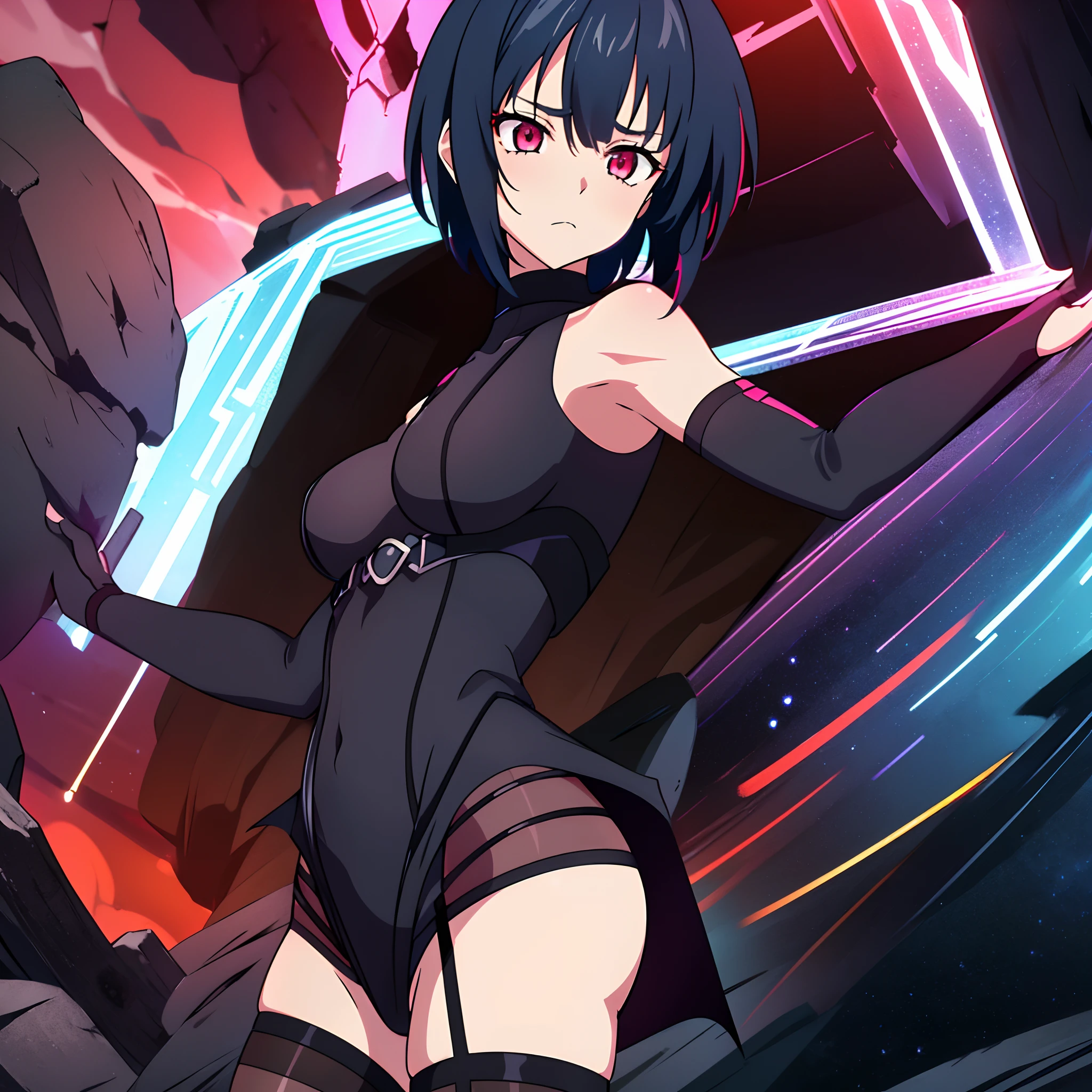 Masterpiece, best quality, aberrant colours, 1 girl, solo, (dim_lighting:1.3), far away view, (zoomed_out:1.3), shoulder look, long open outfit over blue blouse, loose short hair, black hair, glowing red eyes, dark colours, standing atop a high cliff, corrupted