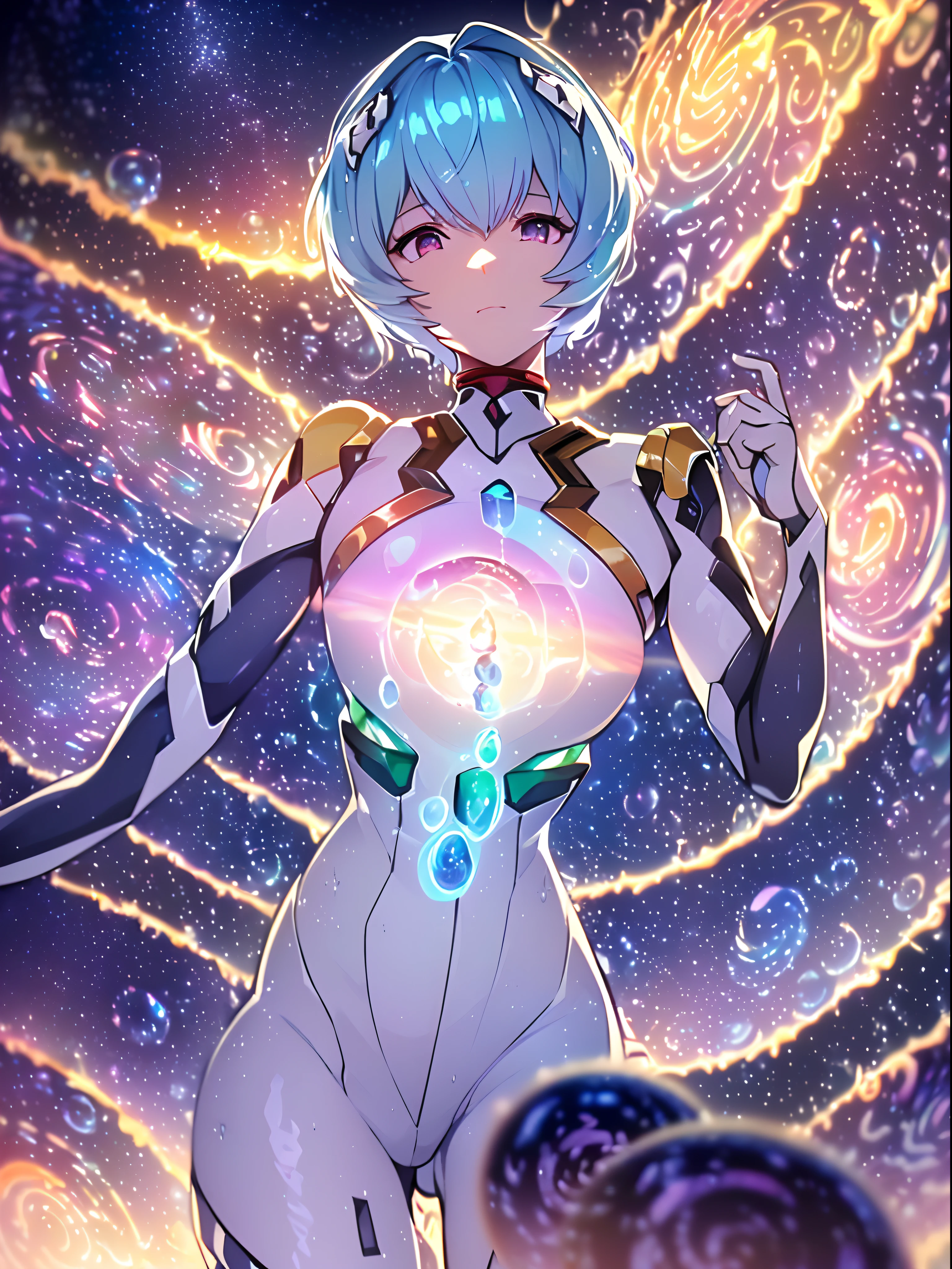 (((ayanami rei))),((((BREAK,Design an image with a fisheye lens effect, capturing a wide field of view with a distinctive, curved perspective.BREAK,)))((1girl:1.1,solo,))(masterpiece,best quality, official art,aim to viewers, beautiful and aesthetic:1.3),((ultra high res,golden ratio,)) (4k),((seen from above,dawn,rainbow bridge,in the ocean,raindrops, dreamland,beautiful sky,detailed aurora)),((((spiral bubbles,))))dynamic lighting, cinematic lighting,(fantasy,blur image,((psychedelic)),((dreamy)),photo mapping,((holographic projection,))radiosity, physically-based rendering,automatic white balance), technological sense,Amazing,sharp focus,detailed background,rich background, (((high detailed skin,)))dynamic lighting,intricate detailed outfit,glowing eyes,watery eyes,((short hair,))deadpan,skiny,slender,smooth beast,white plugsuit,headgear,(masterpiece sidelighting),(bishoujo,lustrous),(sky blue hair,pink eyes,）[[delicate fingers and hands:0.55]::0.85],(detail fingers),(((Ultra Photographic Quality,ultra wide angles)))),((incredibly absurdres,photoreality)),(realilty:0.4),microshot,((extremely_detailed_eyes_and_face)),(disheveled hair),FilmGirl,(dynamic configuration: 1.2),Brilliant,drifting Nebula,ethereal, glossy ,striking contrast,