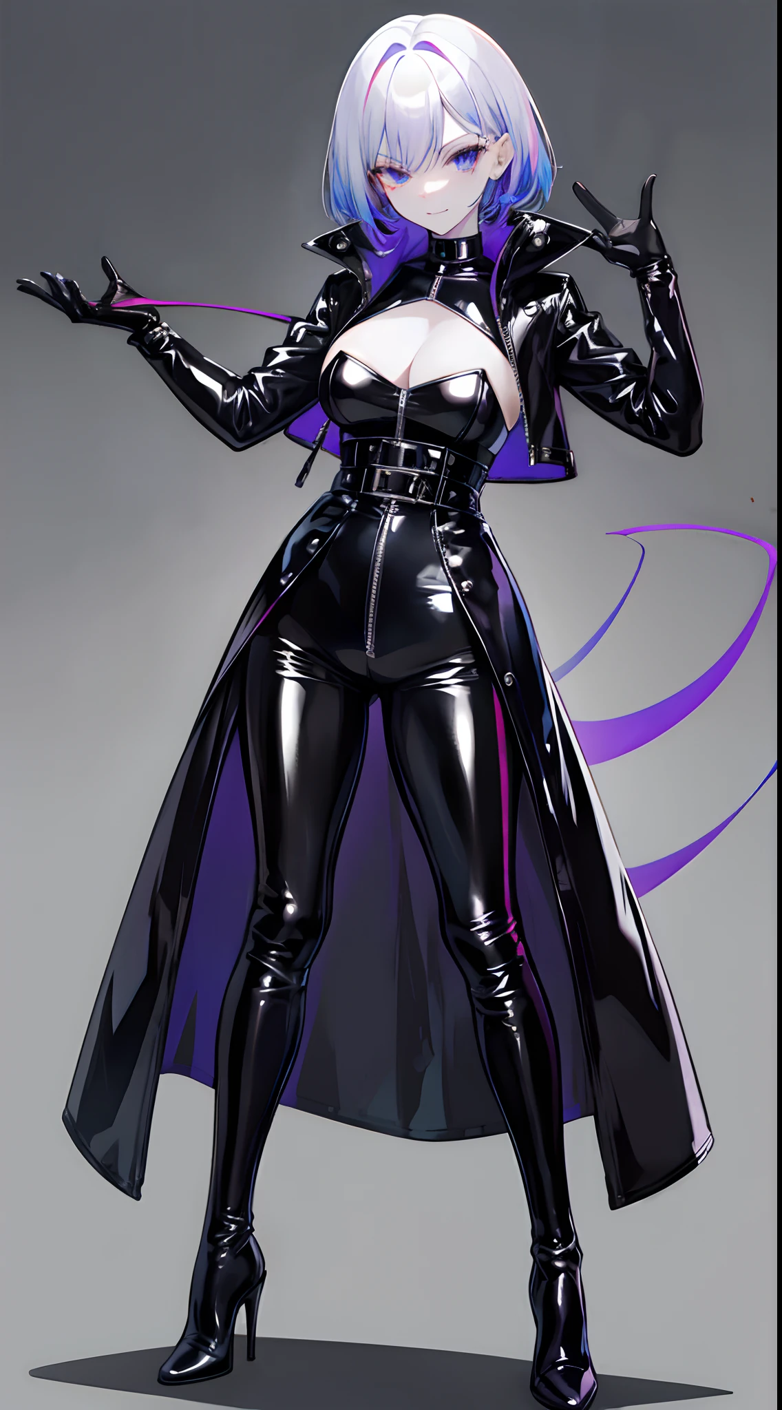 Colored hair,Black colored eyes,Pale skin,Latex gloves,Latex leather pants,Black high-heeled boots,A smug expression,Crossed waist with one hand,angelicales