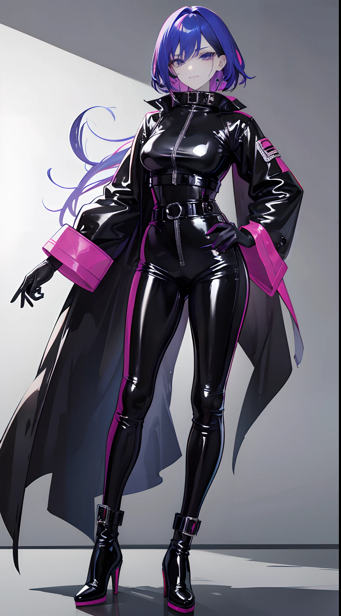 Colored hair,Black colored eyes,Pale skin,Latex gloves,Latex leather pants,Black high-heeled boots,A smug expression,Crossed waist with one hand,angelicales