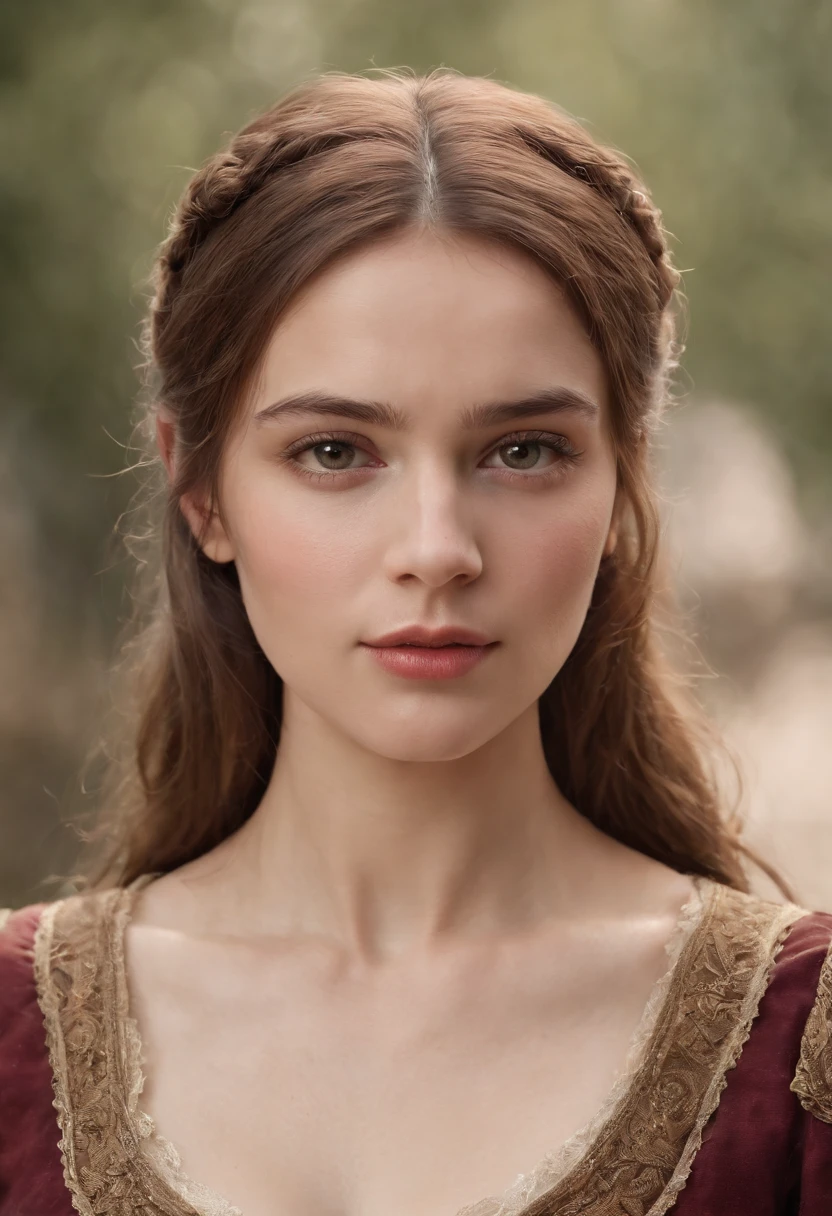 Cinematic portrait, upper body, face, facing the audience, (Reality :1.3), one of the most beautiful artworks in the world, a woman looks into the camera, medieval costumes, (old clothes damaged and weathered :1.4), detailed beautiful face, action shooting, ancient city background, realistic photos, CG, Art Station