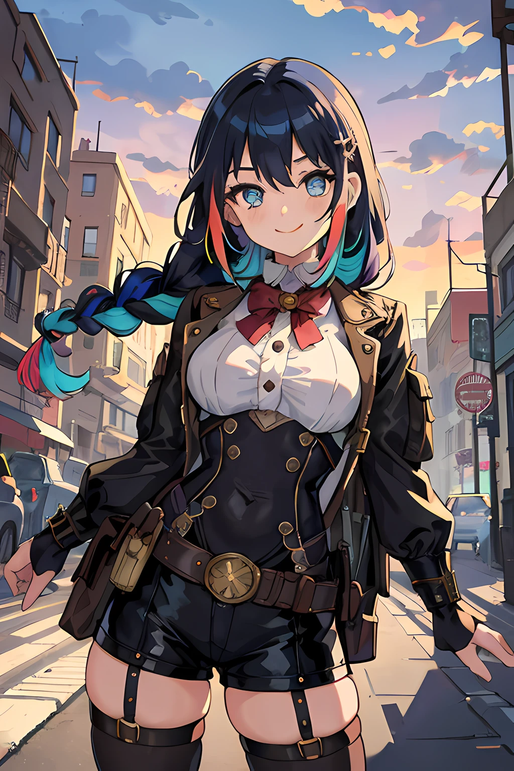 masterpiece, best quality, official art, illustration, (ligne claire:1.3), highres, absurdres, ultra-detailed, 8k, 1girl, blue hair, violett hair, long hair, braids, multicolored hair, gradient hair, looking at viewer, colorful eyes, colorful steampunk outfit, (steampunk city background:1.10), brilliant colorful clouds, bloom, portrait, cross hair ornament, smiling, waist bag, dynamic pose, shadow, reflection