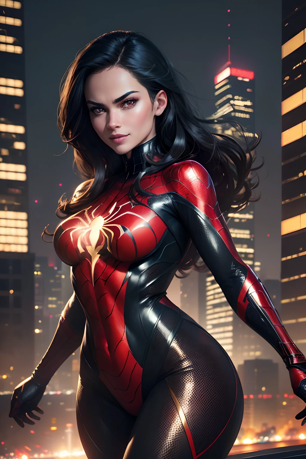 Beautiful woman detailed defined body using spider man cosplay,little breast,cleavage,nigth,on the rooftop,city night scene