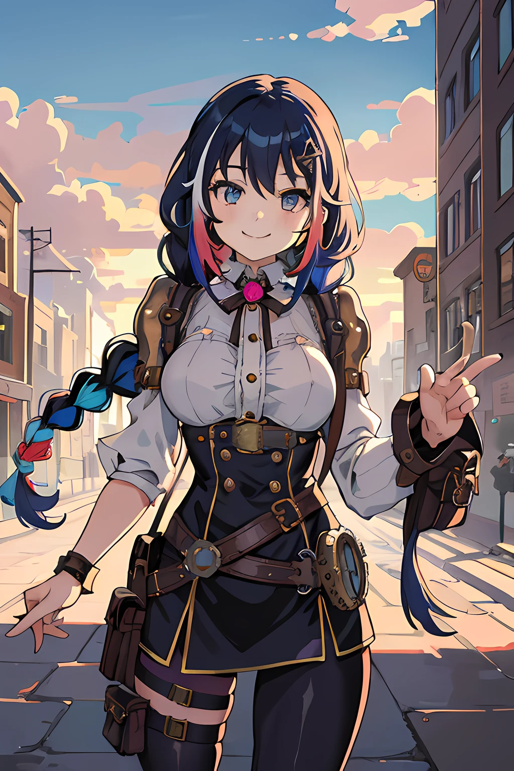 masterpiece, best quality, official art, illustration, (ligne claire:1.3), highres, absurdres, ultra-detailed, 8k, 1girl, blue hair, violett hair, long hair, braids, multicolored hair, gradient hair, looking at viewer, colorful eyes, colorful steampunk outfit, (steampunk city background:1.10), brilliant colorful clouds, bloom, portrait, cross hair ornament, smiling, waist bag, dynamic pose, shadow, reflection