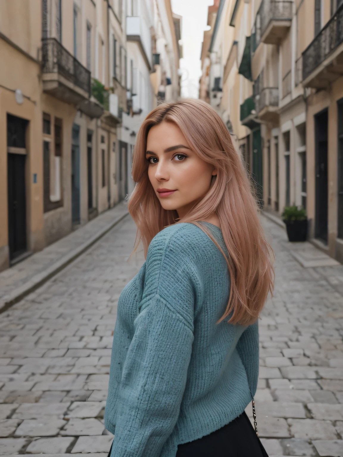 __hair color__, mulher Europeia, longos cabelos, fundo da cidade de Lisboa, inverno, profissional, 4K, HD, UHD, 8K, alto detalhe, Ultra Definition