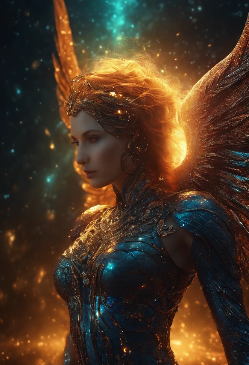 Fallen Angels of the Universe, glowing light eyes, biomechanical, eery, creepy, nightmarish, Very bright colors, light Particle, with light glowing, Musif, Wallpaper Art, UHD Wallpapers