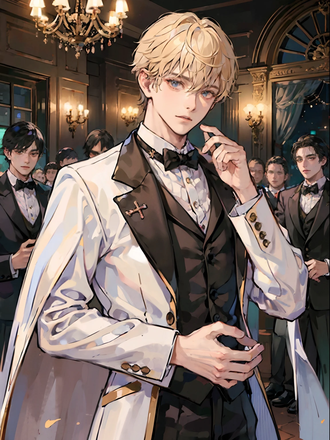 1boy,11 only、(Man's :2),(bobhair:1.5)、a blond、Bright tuxedo、Inside a luxurious Western-style building、Luxurious chandeliers、beautiful  lighting、hightquality、masutepiece,8K,hight resolution、