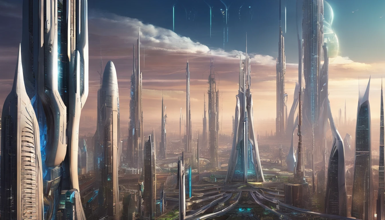 The metropolis of the future, many kilometers of spires rushing upwards;.