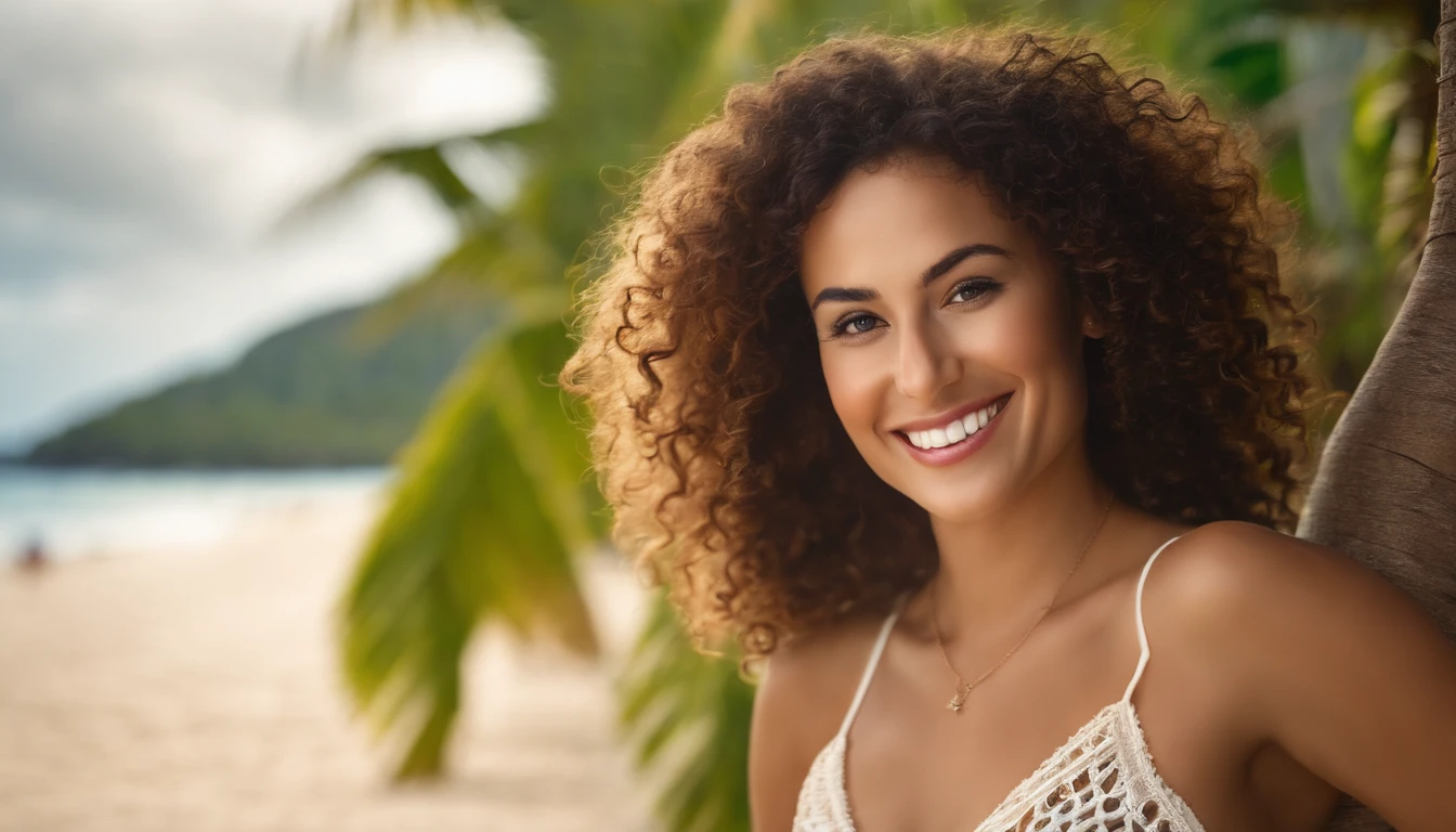 REALISTIC POTRAIT OF A WOMEN SHOT WITH TILT SHIFT LENS , TAHITI ISALAND WOMEN, CURVY BUT FIT WOMEN , CURLY HAIRS , SHINY SKINS , BEAUTIFUL EYES , MATCHING TOP AND BOTTAM BEACH WEAR LIKE TAILOR AND CIRCUS INNERS , GOLDENHOUR LIGHTING , WHITE TEETH SMILING