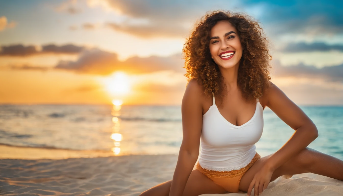 REALISTIC POTRAIT OF A WOMEN SHOT WITH TILT SHIFT LENS , TAHITI ISALAND WOMEN, CURVY BUT FIT WOMEN , CURLY HAIRS , SHINY SKINS , BEAUTIFUL EYES , MATCHING TOP AND BOTTAM BEACH WEAR LIKE TAILOR AND CIRCUS INNERS , GOLDENHOUR LIGHTING , WHITE TEETH SMILING