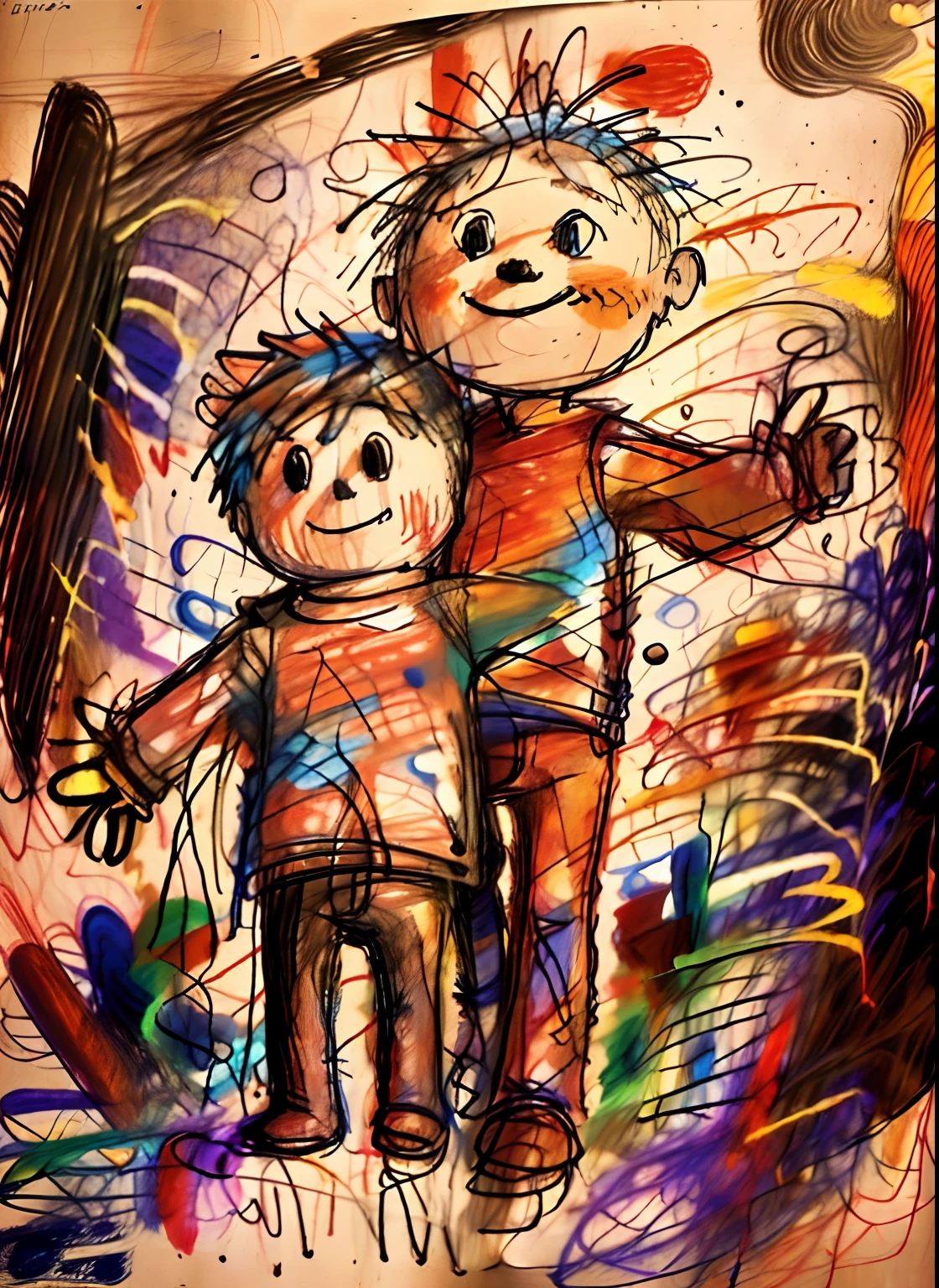 Graffiti of grandfather and grandson,Grandson is 3 years old、 scribble,Grandfather is hugging his grandson、portlate、Caring smile、Warm background、 Messy, stick figures, badly drawn、artistic、Maximum information writing、