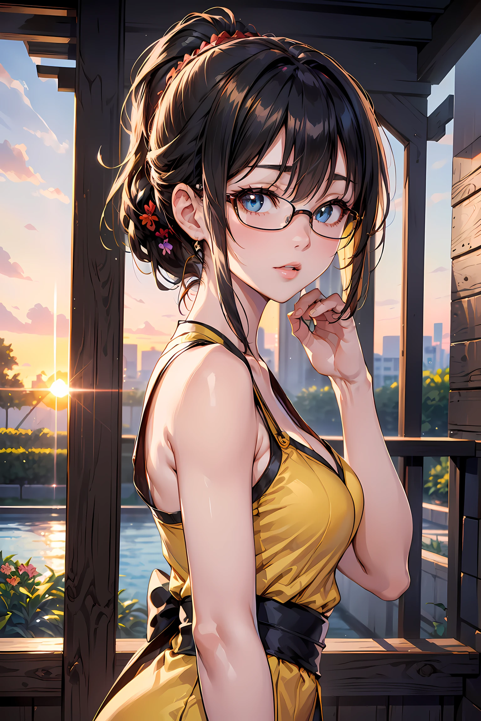 (1glasses girl:1.3, solo), (Audrey Hepburn:1.3), (a extremely pretty and beautiful Japanese woman), (sexy girl), (professional attire:1.3), (22 years old: 1.1), (walking on red carpet:1.3), (attractive random posing:1.3), (in the sunset royal garden:1.3), (looking straight at you:1.3), (starring at you:1.3), (front view:1.3), (from side:1.3), break, (ponytail:1.3), (shiny-black thin hair:1.2), bangs, dark brown eyes, beautiful eyes, princess eyes, (big eyes:1.3), bangs, wearing a glasses:1.3, Hair between eyes, short hair:1.3, (slender:1.1), (small-medium-breasts:0.95), (thin waist: 1.15), (detailed beautiful girl: 1.4), Parted lips, Red lips, full-make-up face, (shiny skin), ((Perfect Female Body)), (upper body image:1.3), Perfect Anatomy, Perfect Proportions, (most beautiful Korean actress face:1.3, extremely cute and beautiful Japanese actress face:1.3), BREAK, (View viewer, wearing a lovely bitch cordinate, (insanely detailed yellow camisole dress:1.3), (white sleeveless top:1.3), (pin-heels:1.3), detailed clothes, BREAK, (detailed royal sunset flower garden background:1.2), (splash playing blue butterflies background:1.2), (Studio soft lighting: 1.3), (fake lights: 1.3), (backlight: 1.3), BREAK, (Realistic, Photorealistic: 1.37), (Masterpiece, Best Quality: 1.2), (Ultra High Resolution: 1.2), (RAW Photo: 1.2), (Sharp Focus: 1.3), (Face Focus: 1.2), (Ultra Detailed CG Unified 8k Wallpaper: 1.2), (Beautiful Skin: 1.2), (pale Skin: 1.3), (Hyper Sharp Focus: 1.5), (Ultra Sharp Focus: 1.5), (Beautiful pretty face: 1.3), (super detailed background, detail background: 1.3), Ultra Realistic Photo, Hyper Sharp Image, Hyper Detail Image,