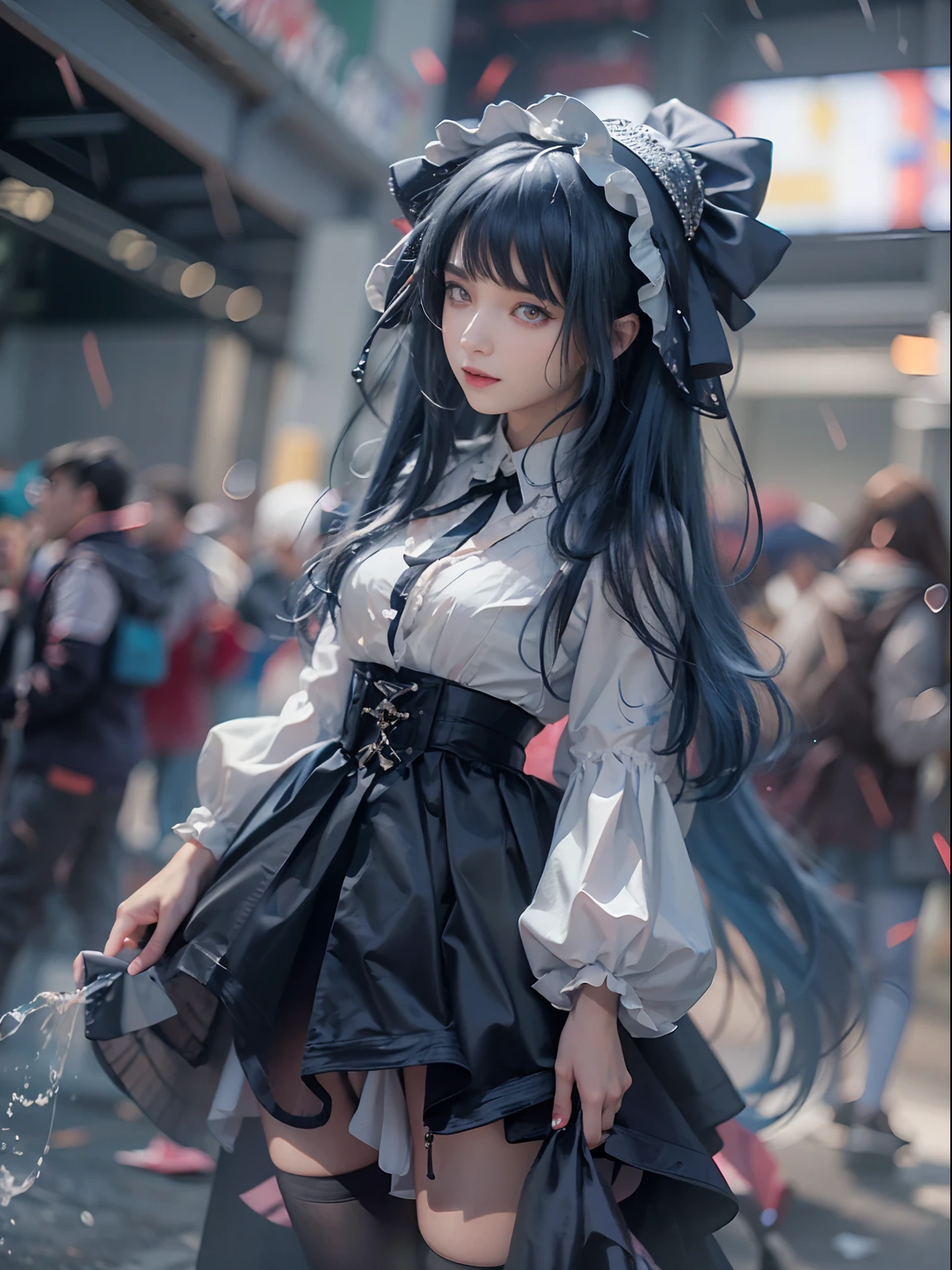 cosplay,angle of view,Natural lighting,1girll,Solo,
Lolita_dress,standing,bonnet,
crowd,cosplay,bblurry,Blurry,The background is blurred out,NSFW,
insanely details,Works by Gregory Crudson,yoji shinkawa,Guy Denning,James Jane and Liz Gale,Ink Drip,paint splatter,((Chiaroscuro)),((((Textured)))), Blunt bangs, Long dark blue hair, Purple eyes, double tails,full bodyesbian,blackstockings