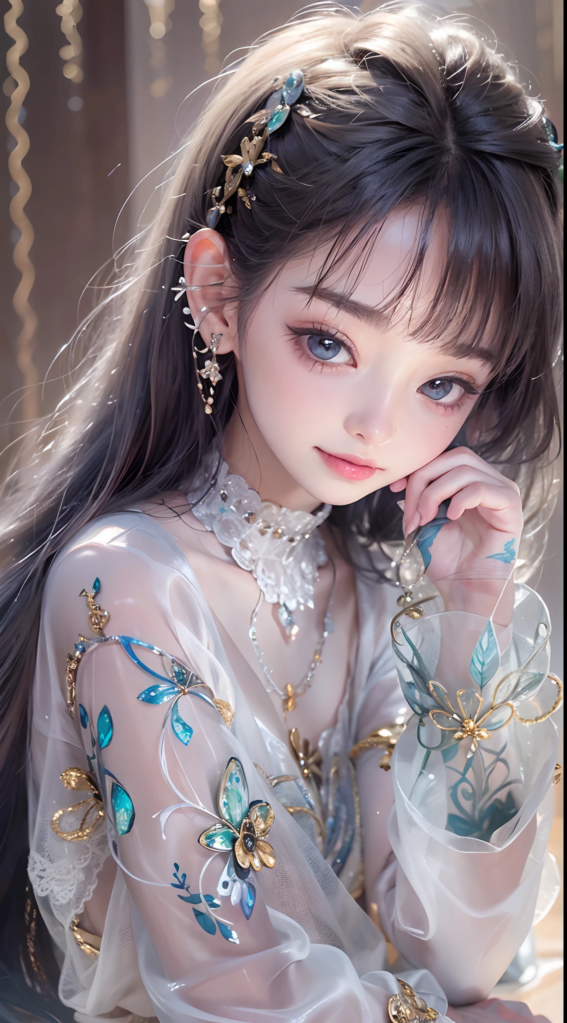 1girll,（enchanced quality：1.4），（Top quality true texture skin), Delicate face,Black hair, Gradient hair, Petite body,（perfect bodies：1.1）, There are precious stones on the forehead, rimless eyewears, Sparkling pupils，long eyelasher,grin, hyper photorealism, Cinematic lighting, projected inset, surrealism, hyper HD, Masterpiece, 16k，Lie down，dream on，Wear transparent silk pajamas,Carmelto,Legs slightly open，Tattooed with，Fantasy space，Luxurious space