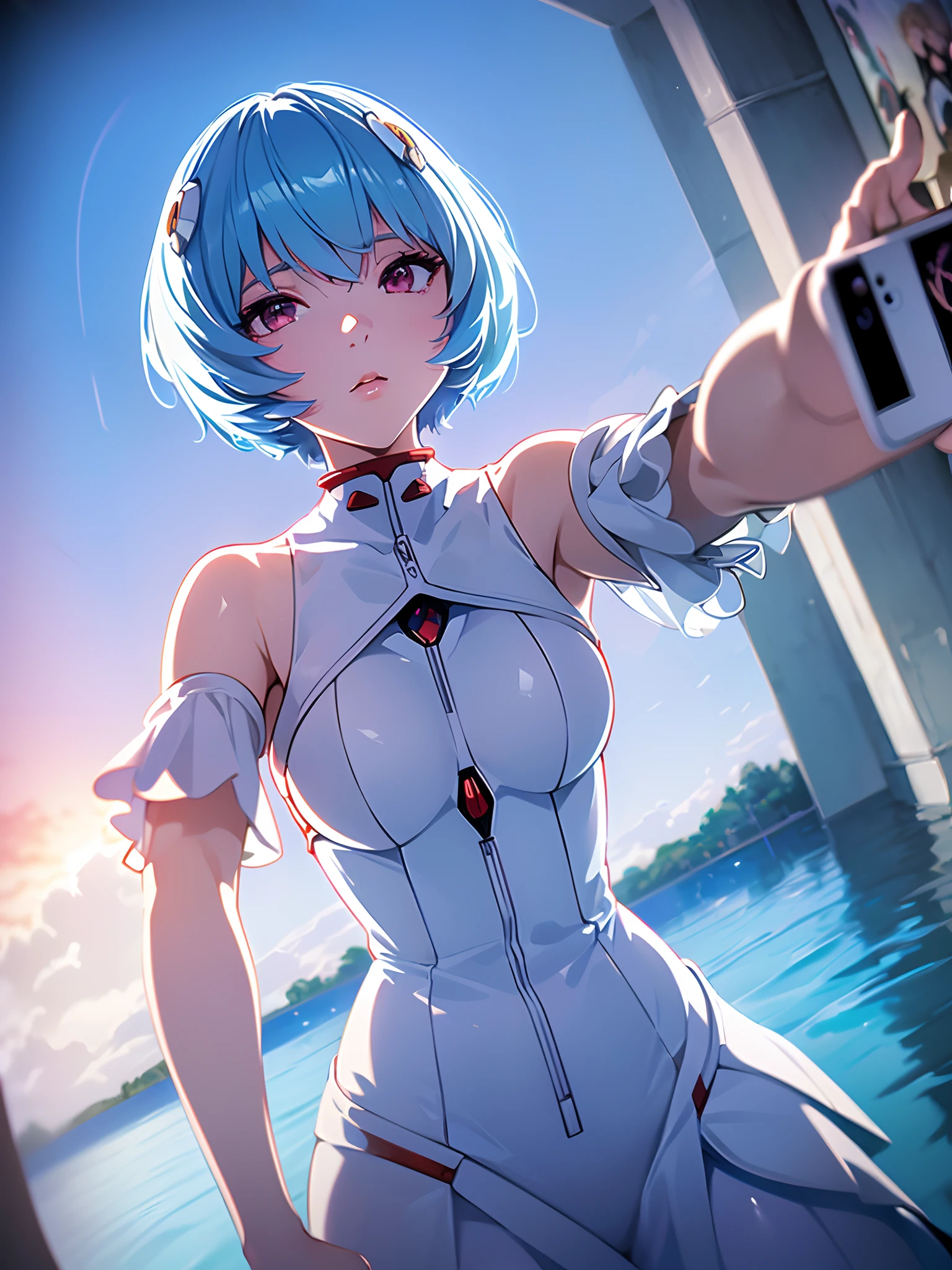(((ayanami rei))),1girl,solo,(masterpiece,best quality, official art, beautiful and aesthetic:1.2),(ultra high res, (4k),beach,dynamic lighting,cinematic lighting,good lighting, (photon mapping, radiosity, physically-based rendering,automatic white balance), technological sense,Amazing,sharp focus,rich background, (((high detailed skin,)))dynamic lighting,intricate detailed outfit,kawaii,watery eyes,((short hair,))deadpan, skiny, ((slender,)) turtle neck,entirely body suit, laced sleeves,(masterpiece sidelighting),(bishoujo,lustrous),(sky blue hair,pink eyes,）[[delicate fingers and hands:0.55]::0.85],(detail fingers),((((fisheye,selfie)))),incredibly absurdres,micro shot,focus on face,sunset, (aesthetics and atmosphere:1.2), FilmGirl